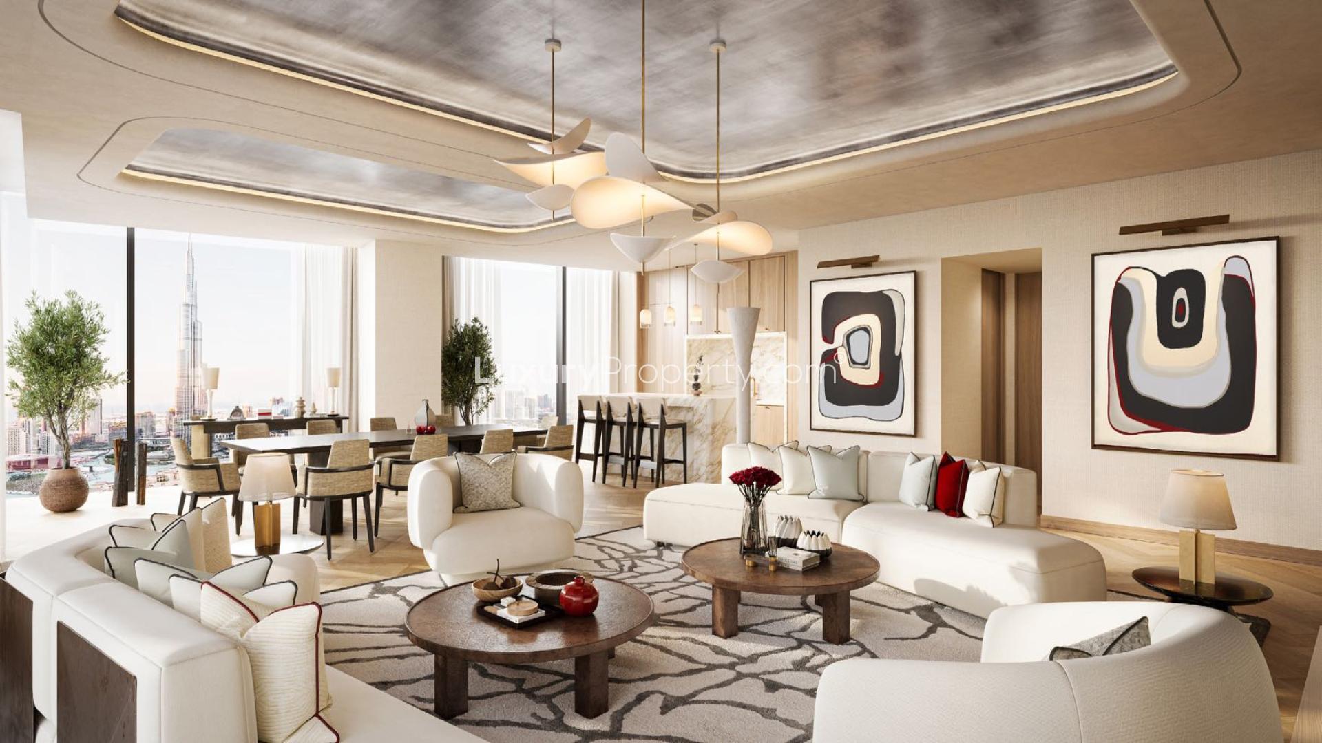 Duplex balcony with panoramic Burj Khalifa views at Baccarat Residences, Downtown Dubai