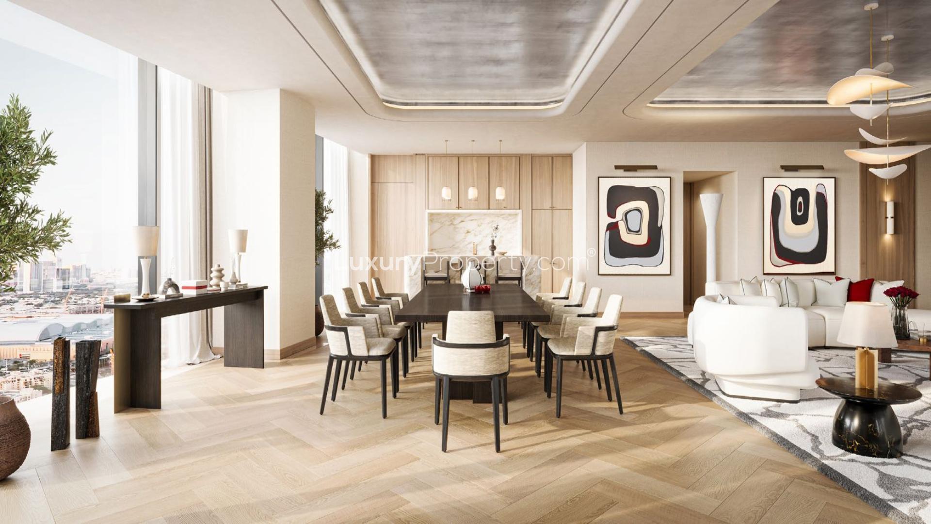 Luxurious living room in 4-bedroom suite, Baccarat Residences, Downtown Dubai, Burj Khalifa view