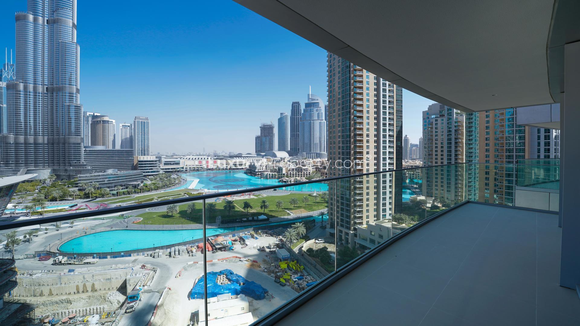 Spacious balcony view of Burj Khalifa and Downtown Dubai skyline, luxury apartment for sale