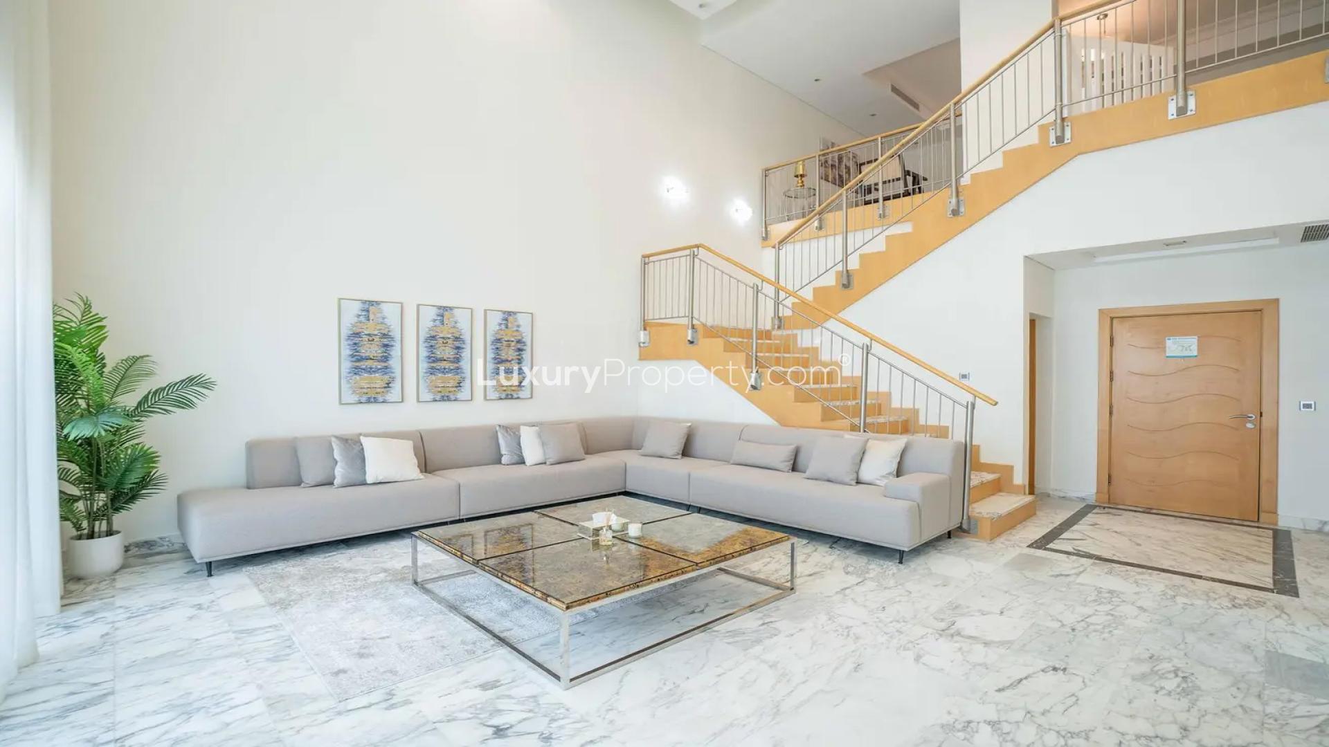 Luxurious living room in upgraded 4-bedroom duplex penthouse, Al Shahla, Palm Jumeirah