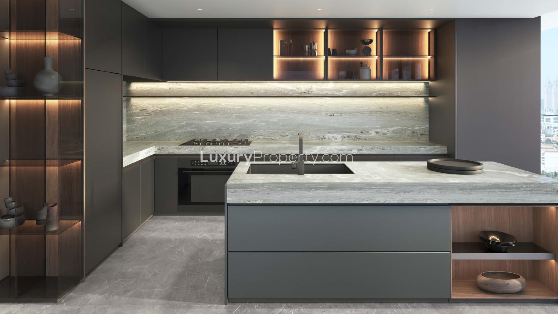 Elegant living room in four-bedroom apartment at W Dubai Harbour, featuring modern decor and views