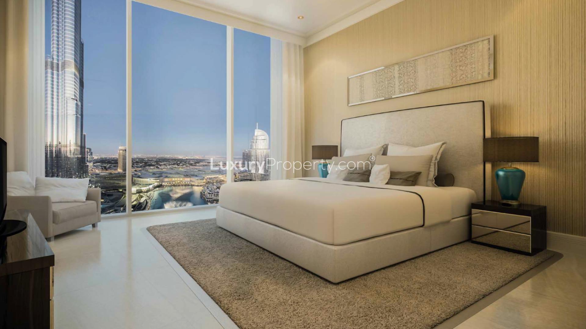 Luxurious living room in brand new Downtown Dubai apartment, modern decor, spacious layout