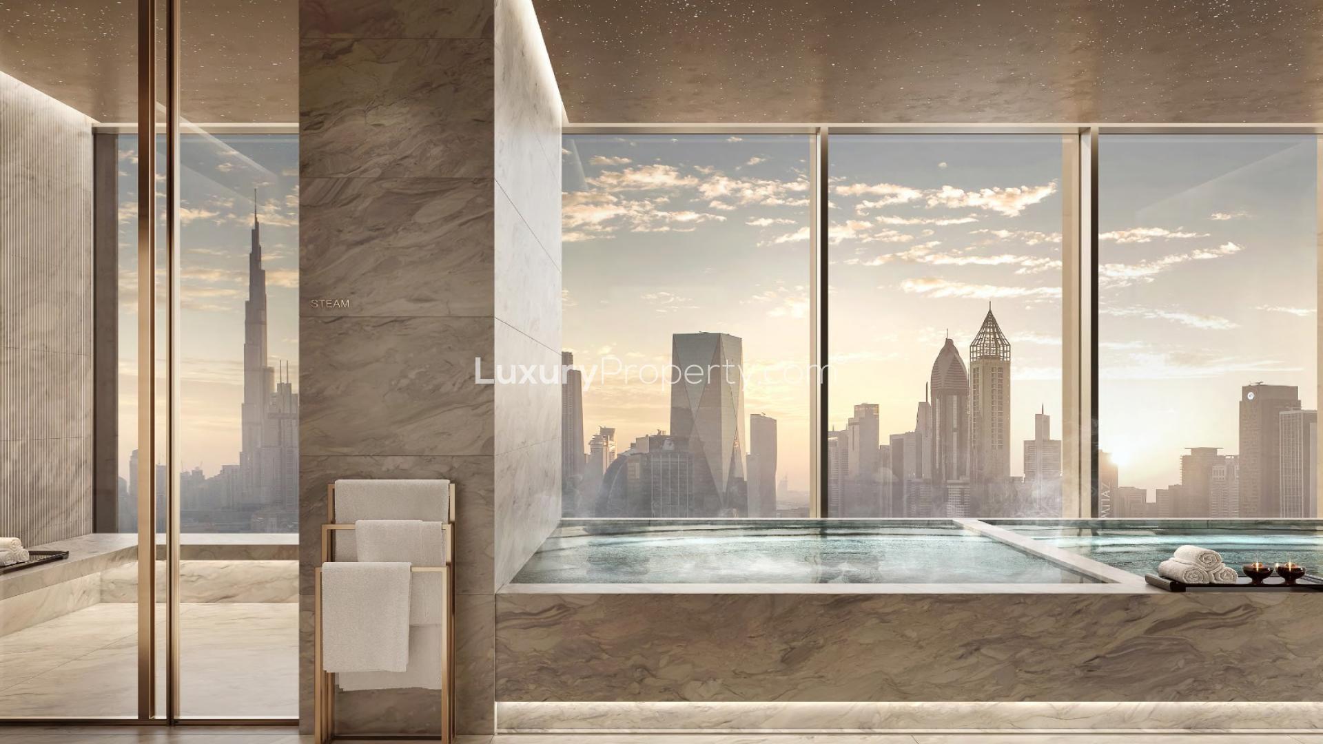 Luxury bathroom with skyline view in Jumeirah Residences Emirates Towers apartment for sale