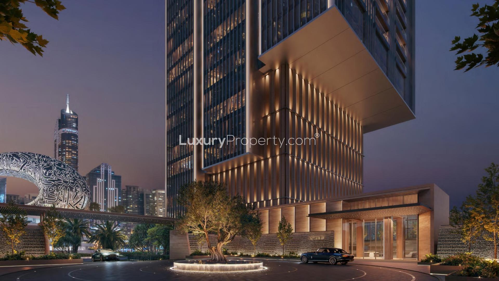 Modern interior with city skyline view from 4-bedroom apartment in Emirates Towers, Jumeirah Residences