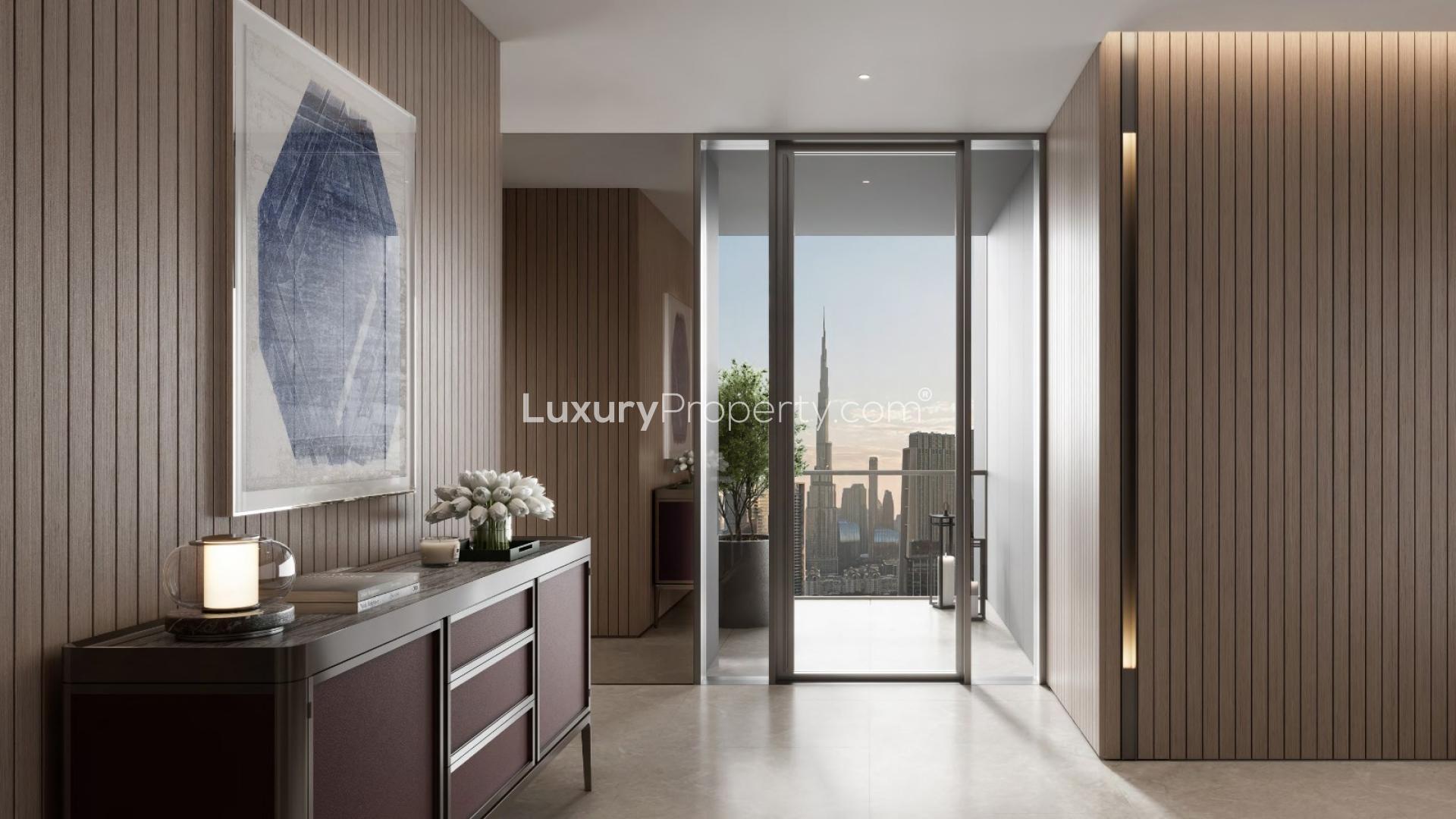 Luxurious apartment terrace with infinity pool overlooking Dubai skyline at sunset, Emirates Towers