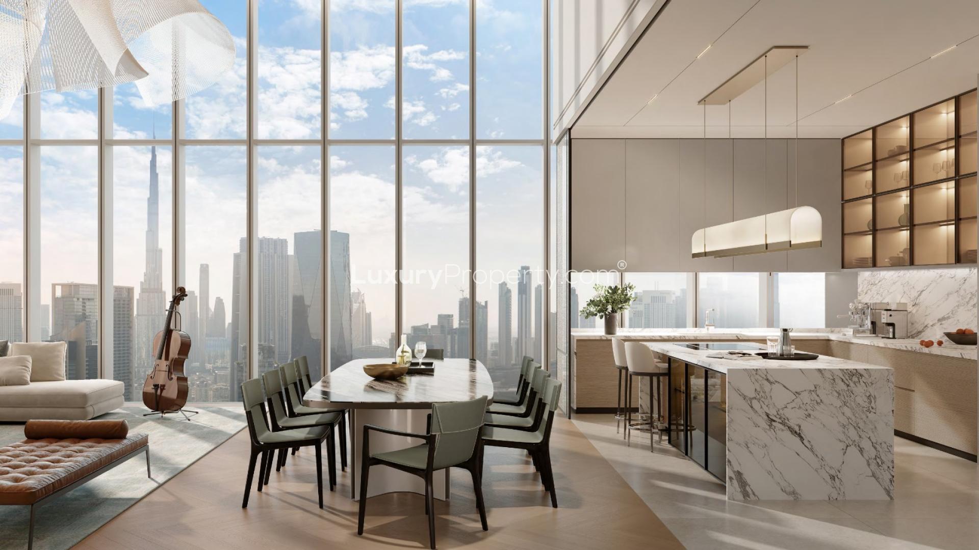 Luxurious apartment interior with city skyline view, Emirates Towers, Sheikh Zayed Road