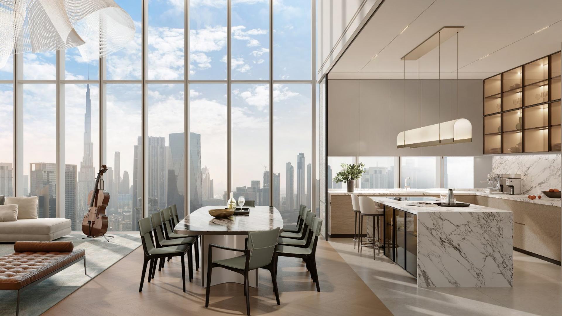 Luxurious apartment interior with city skyline view, Emirates Towers, Sheikh Zayed Road