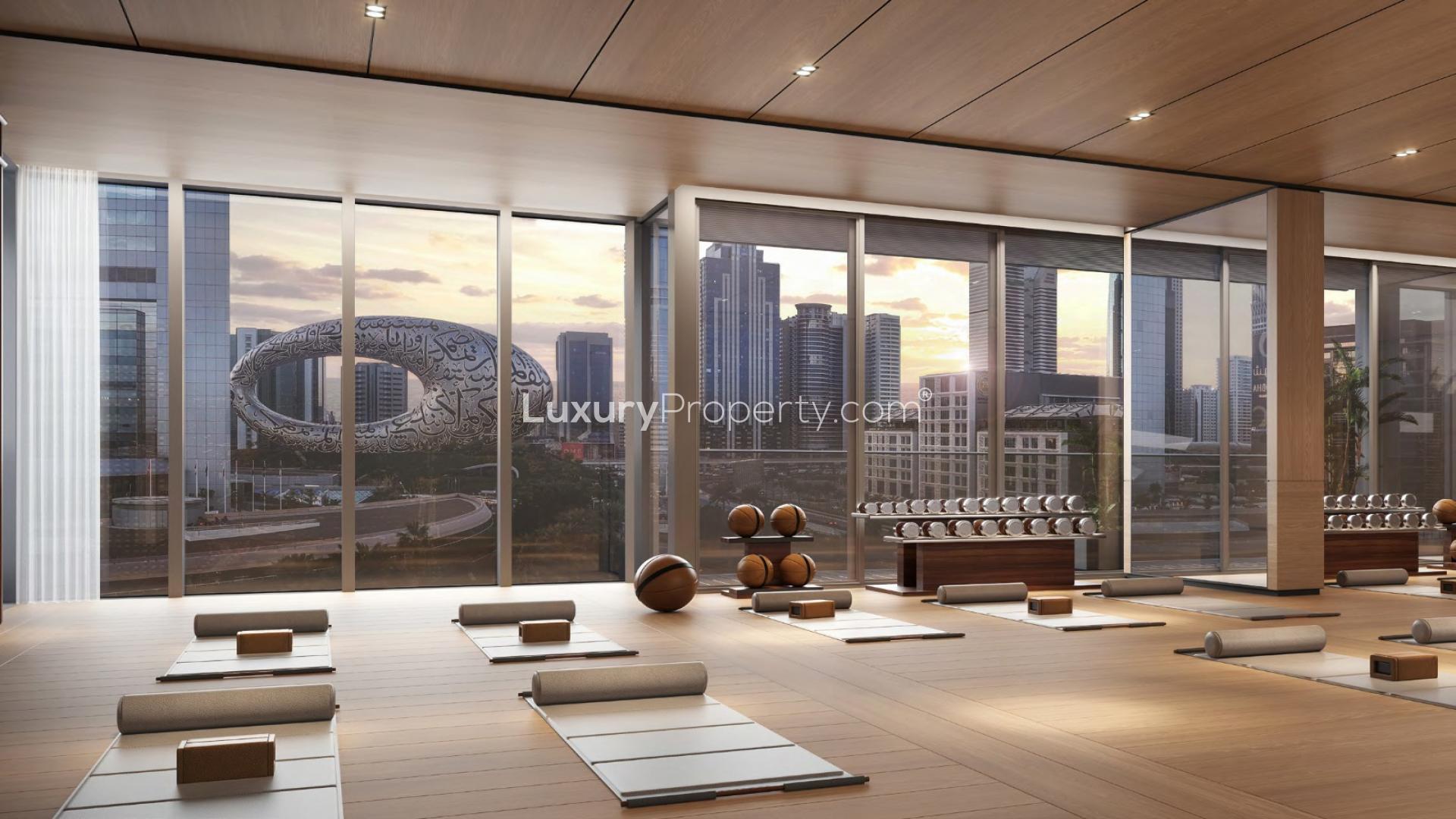 Luxurious apartment interior with city skyline view, Emirates Towers, Sheikh Zayed Road, for sale