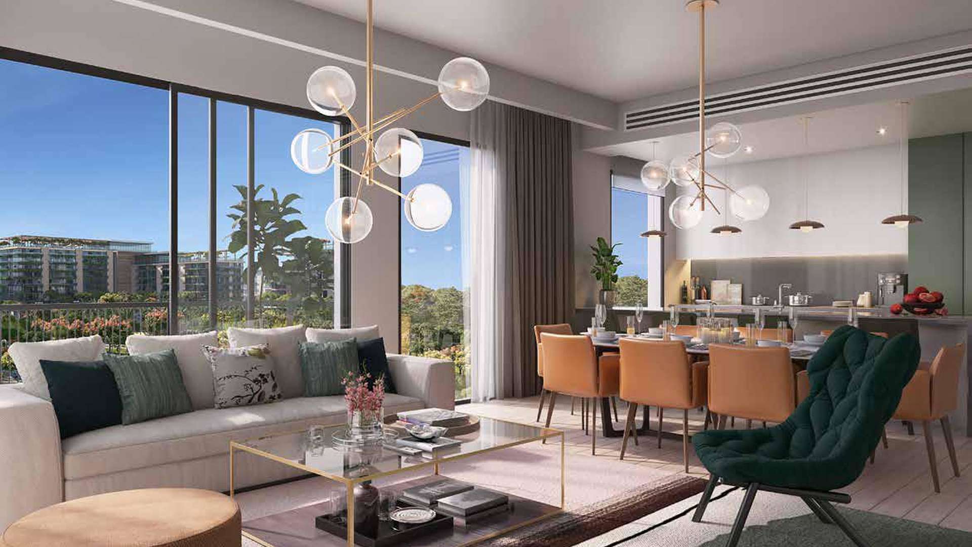 Luxurious bedroom in four-bedroom apartment, Central Park Dubai, with modern decor and city view