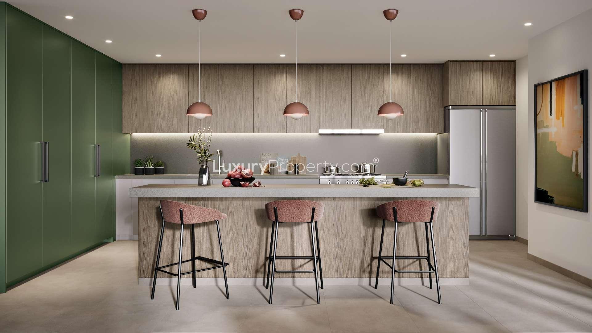 Contemporary City Walk apartment interior with park views, modern furnishings, and large windows