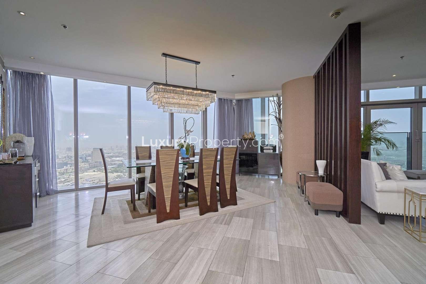 Luxurious living room in four-bedroom apartment, D1 Tower Culture Village Dubai, with stunning views