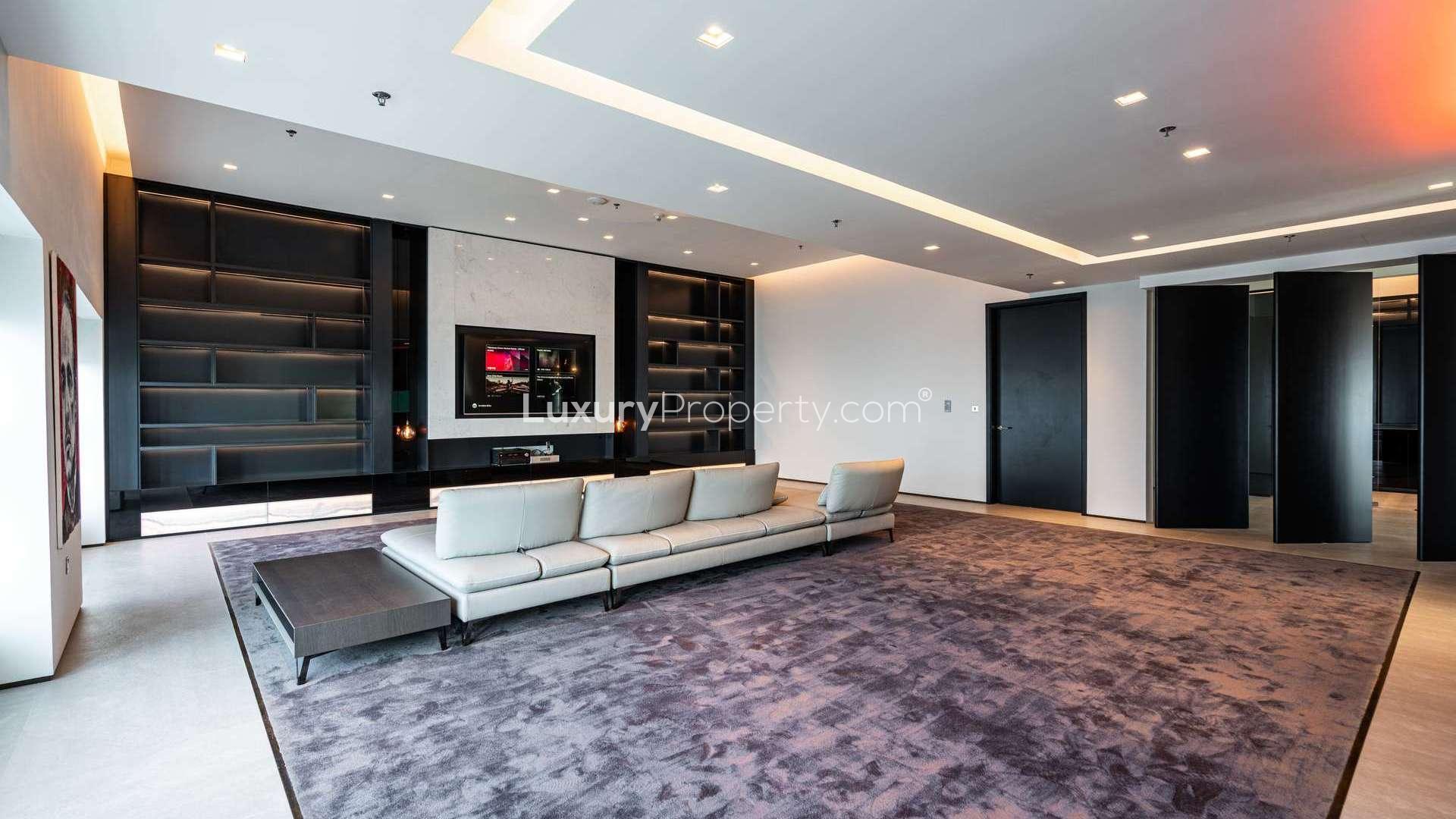 Spacious, modern living room in fully upgraded Dubai Marina penthouse, panoramic views, Elite Residence