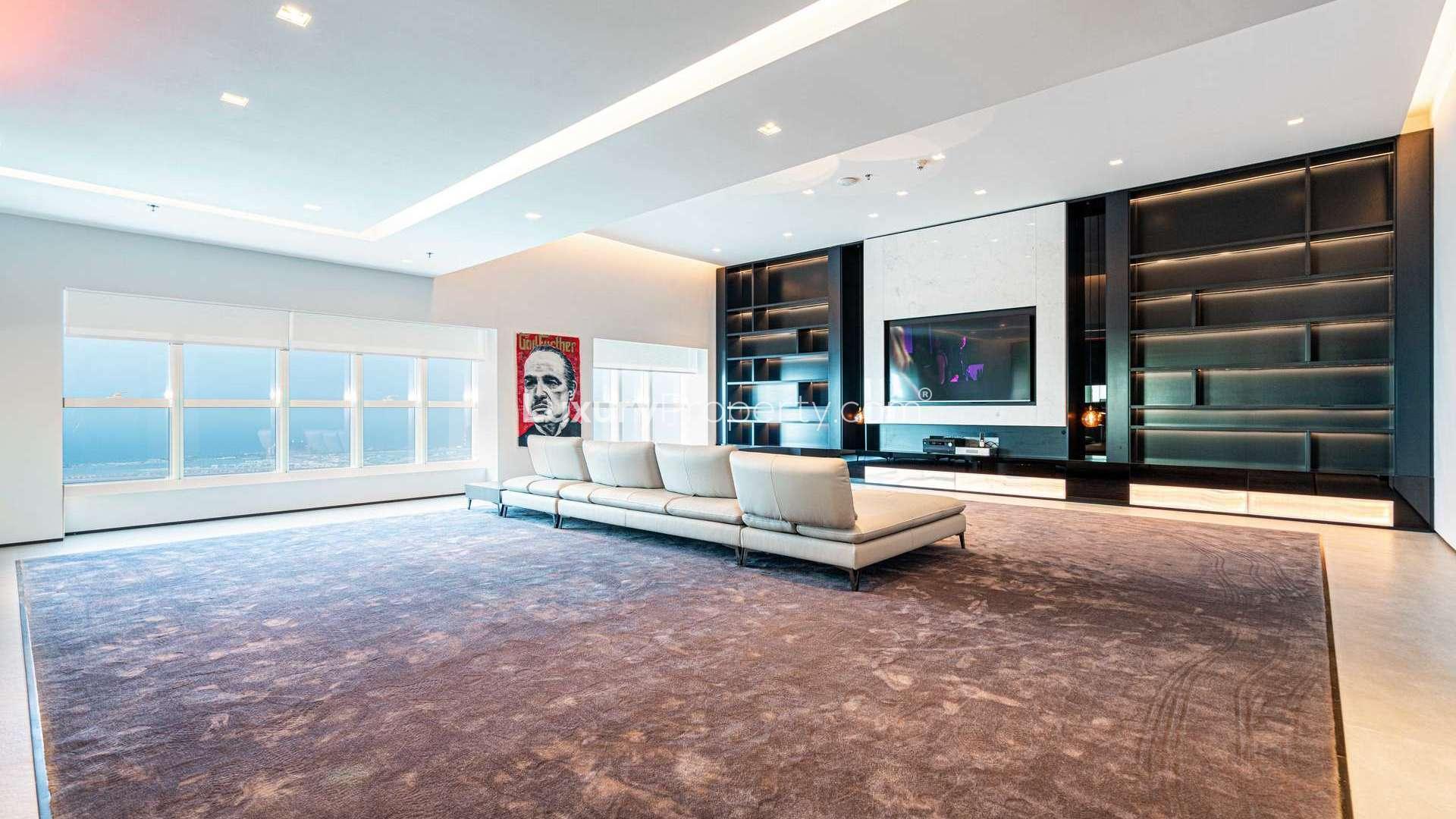 Panoramic view from Elite Residence penthouse in Dubai Marina overlooking Palm Jumeirah