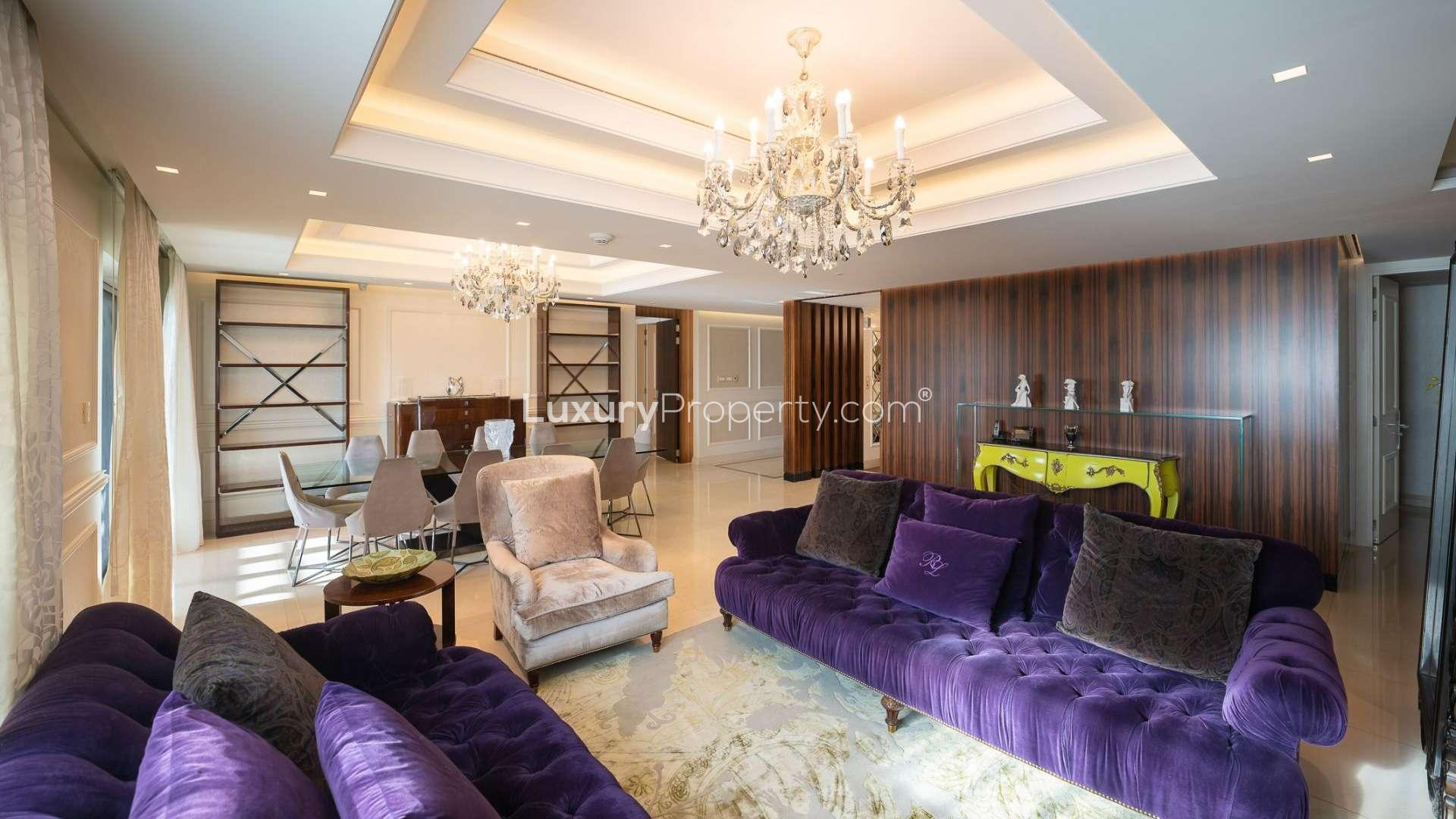 N/A,Elegant living room in 4-bedroom apartment, Fairmont The Palm, Palm Jumeirah, luxurious decor