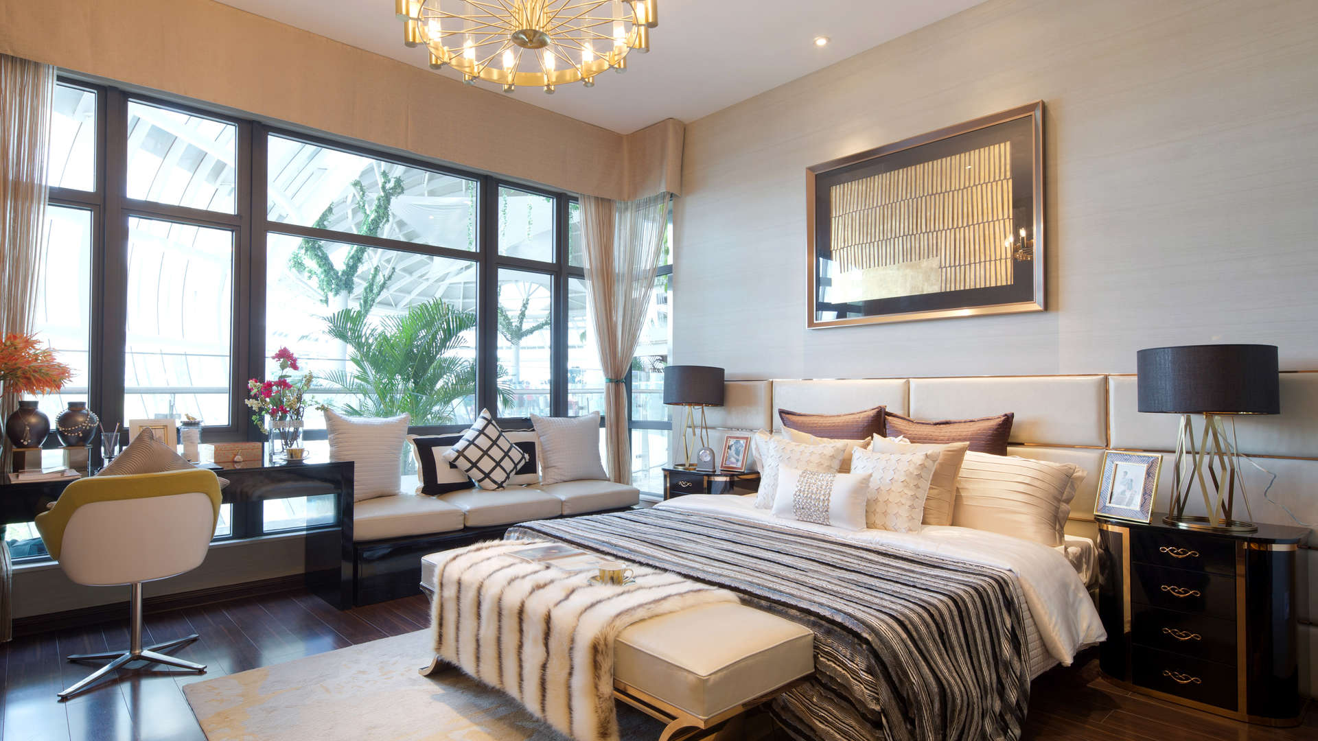 Luxurious bedroom in four-bedroom apartment, Forest City, Malaysia, featuring modern decor and lighting