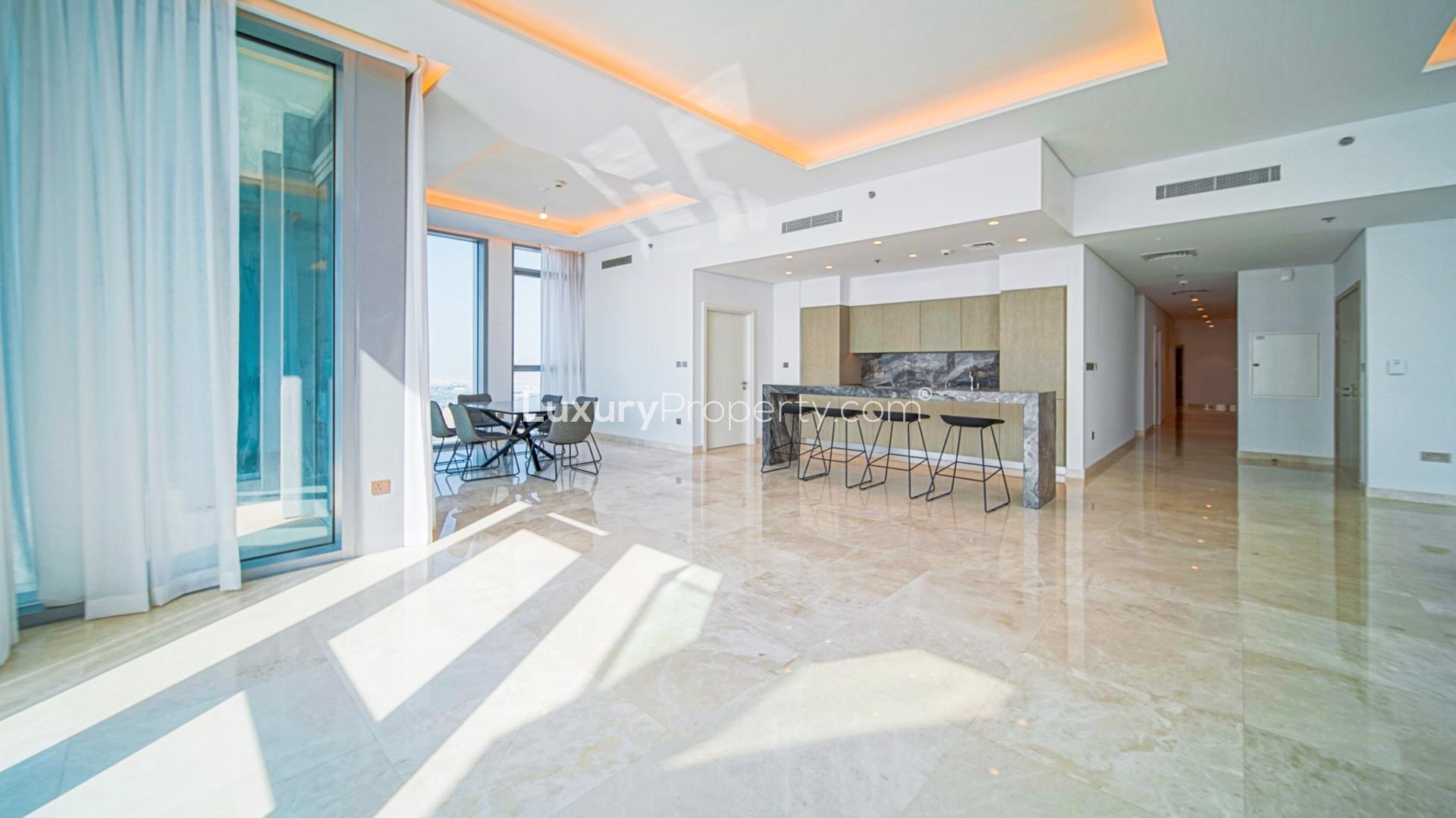 High floor apartment balcony with panoramic views in Dubai Creek Harbour, The Grand