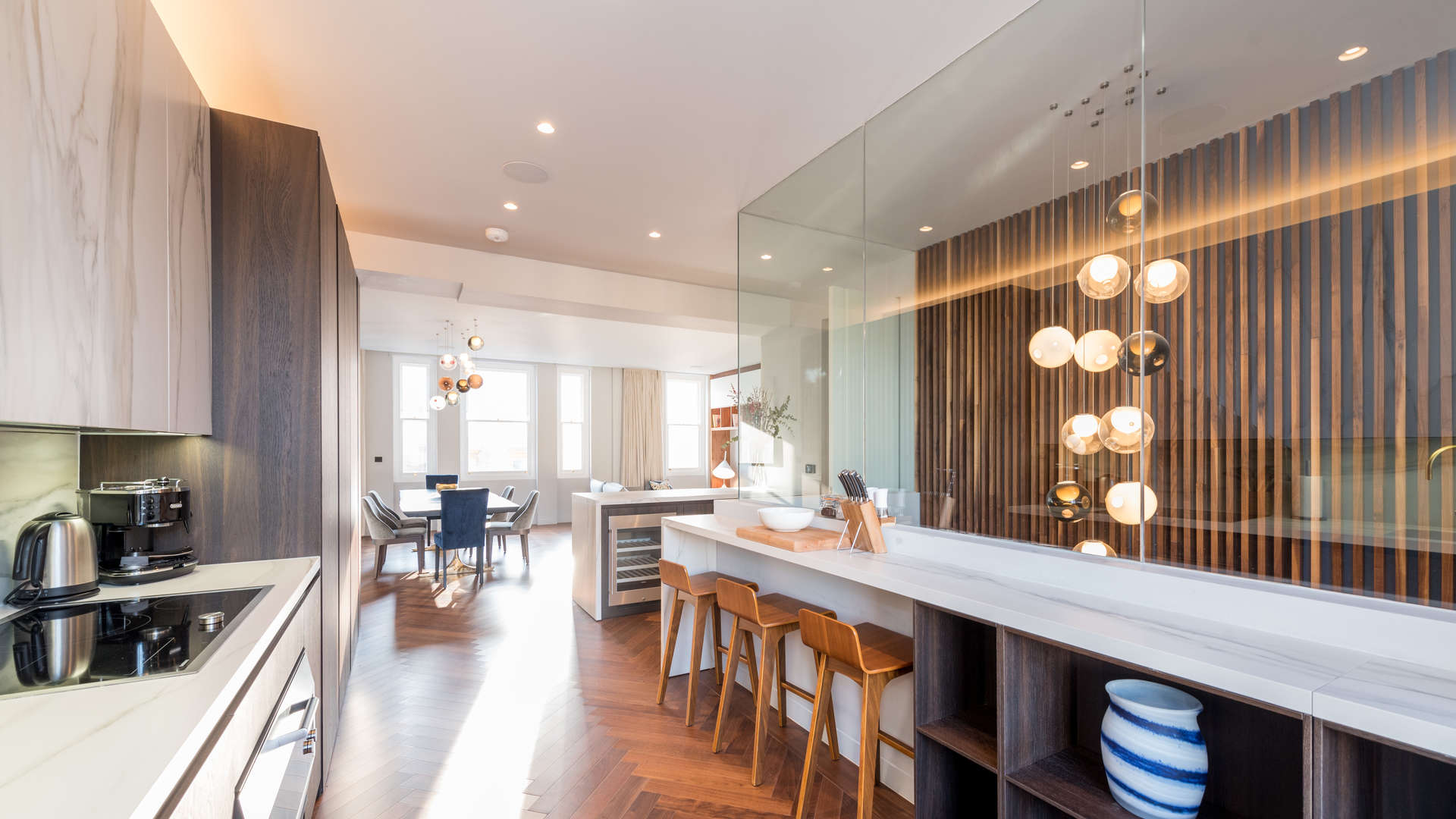 Modern living room in four-bedroom triplex apartment, Harrington Gardens, South Kensington