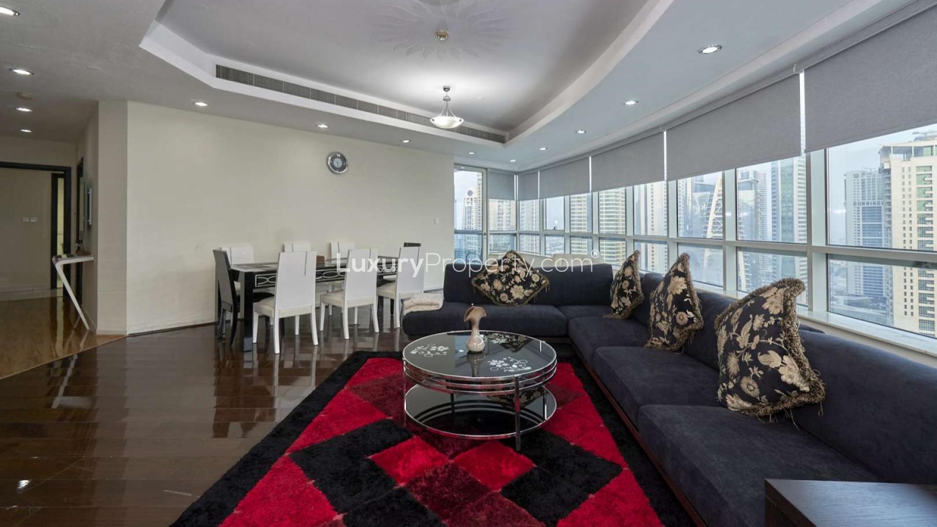 Luxurious living room in fully-furnished four-bed apartment, Horizon Tower, Dubai Marina
