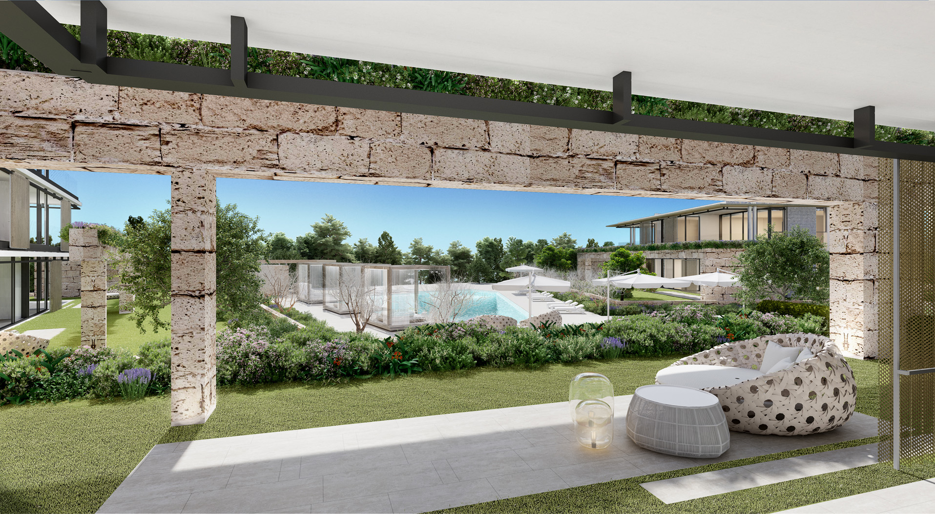 Aerial view of luxurious Sa Puntassa Island apartments, Mallorca, near the sea and greenery