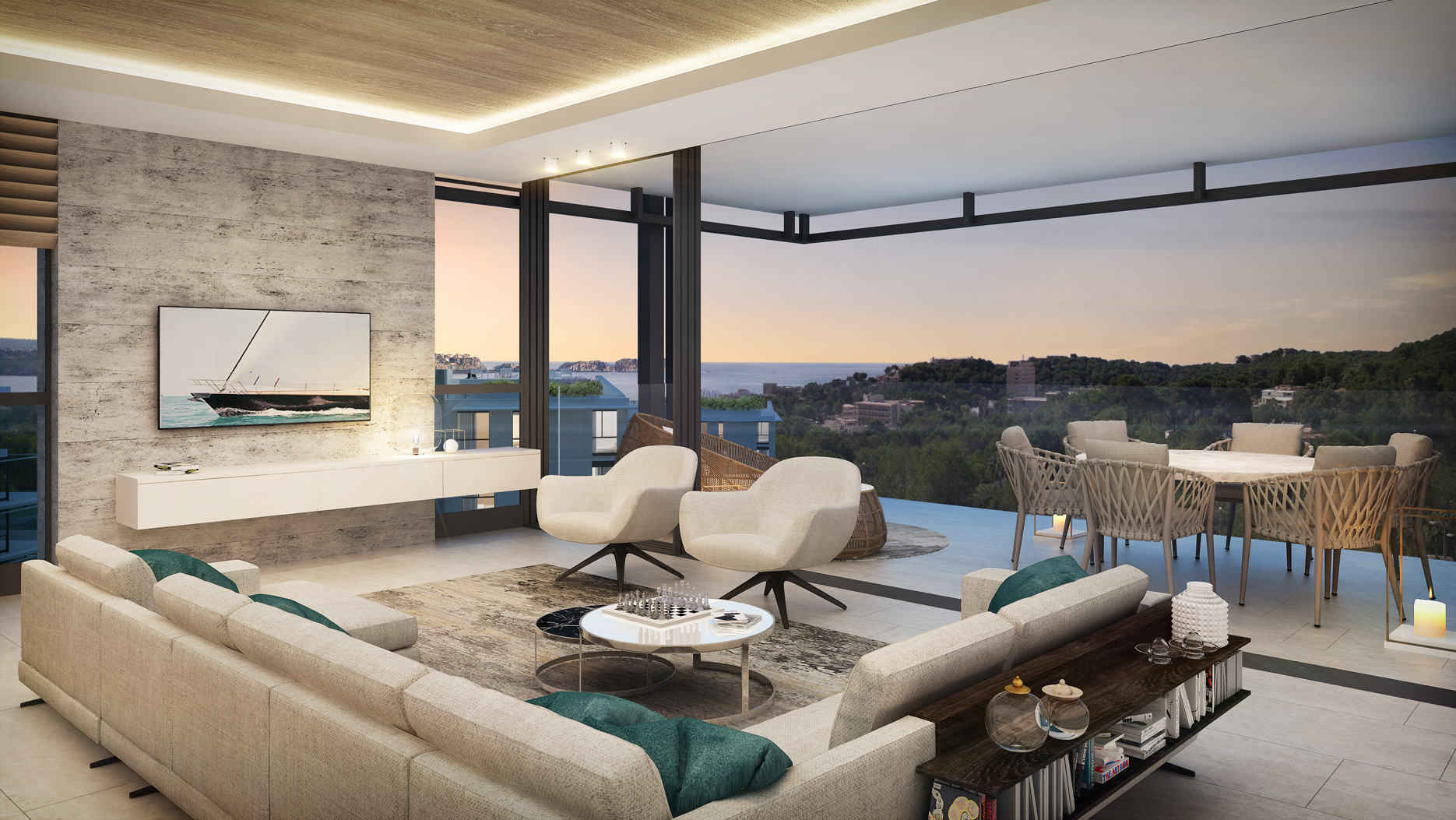 Luxurious living room with sea view in Sa Puntassa Island apartment, Mallorca