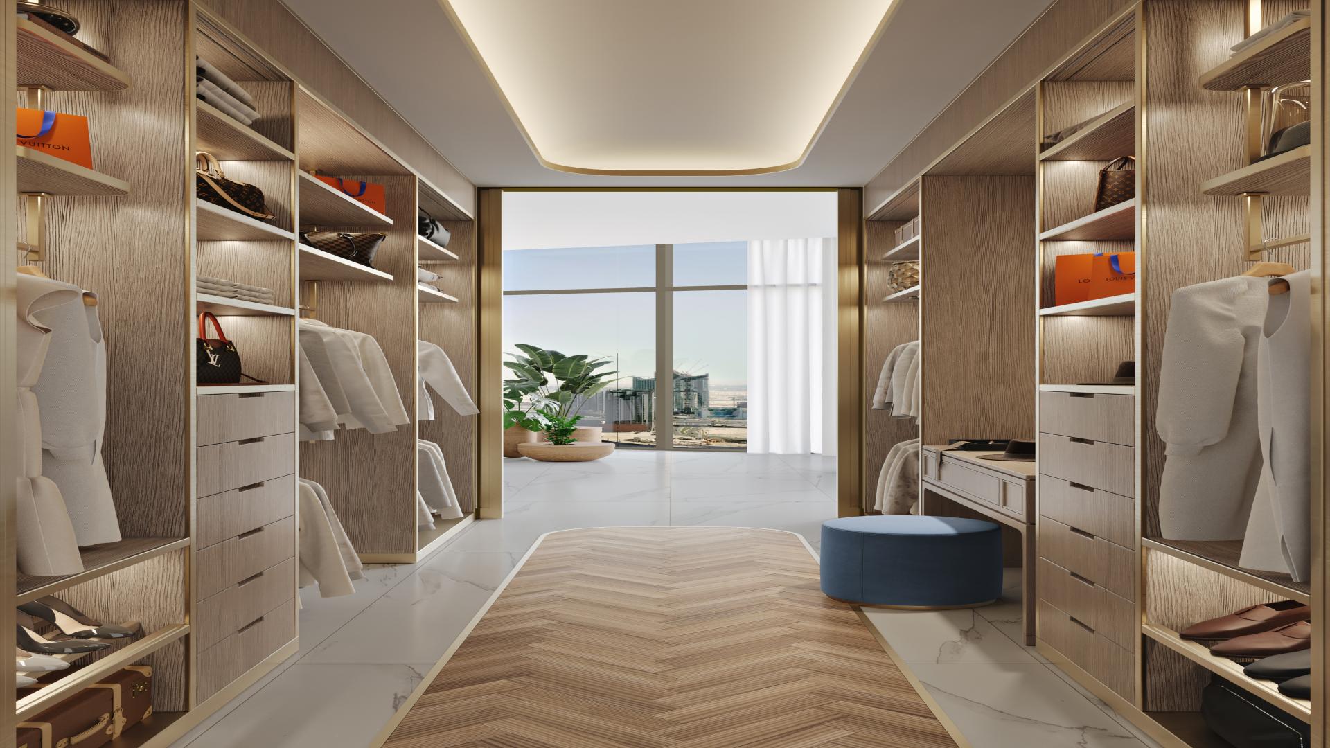 Luxurious bedroom with downtown skyline view in Jumeirah Living Business Bay apartment