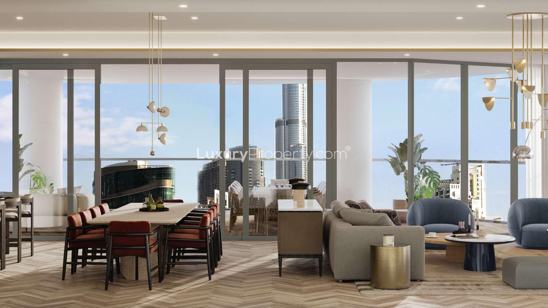 Luxurious living room in four-bedroom apartment, overlooking downtown skyline, Business Bay, Jumeirah Living