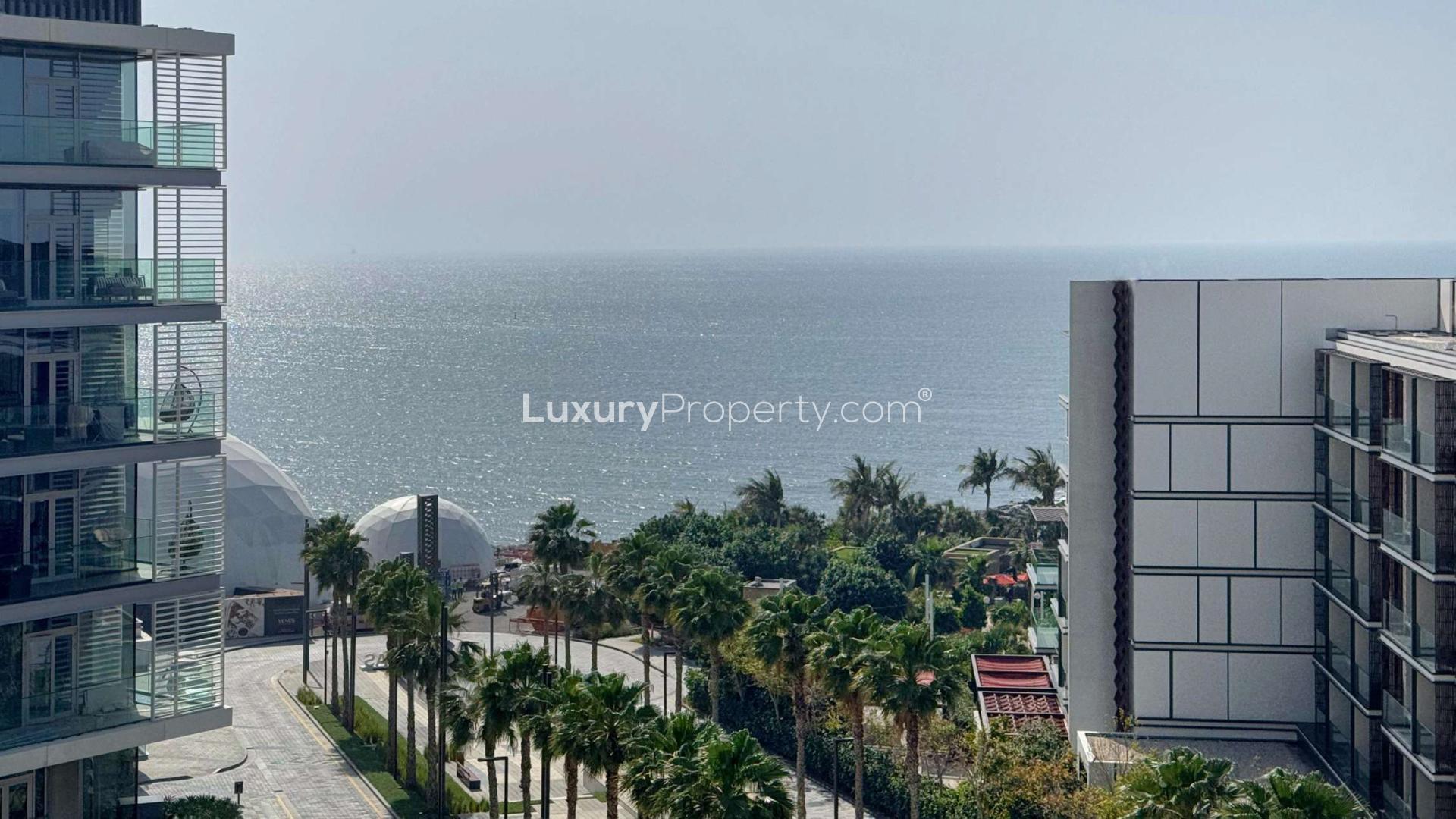 Luxury living room in Bluewaters apartment with modern decor and sea view