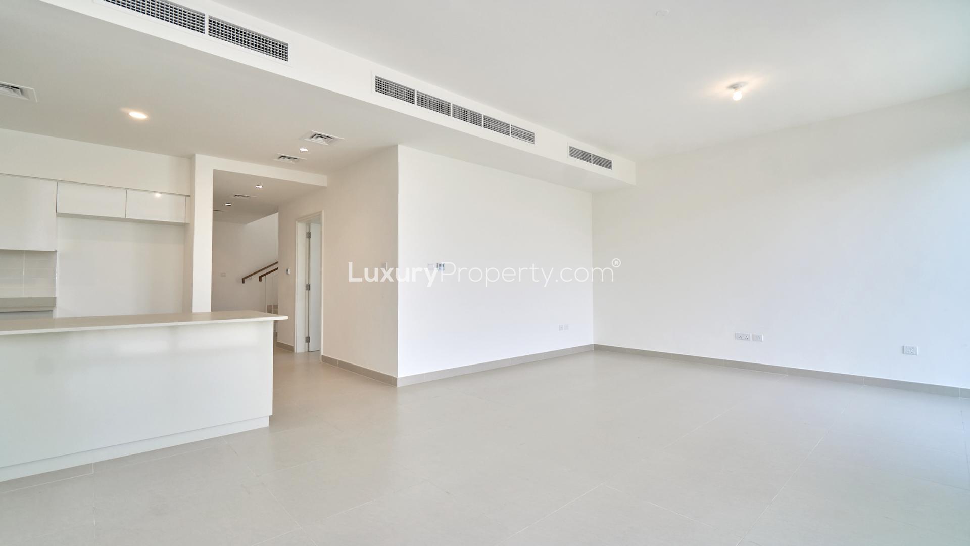 Exterior view of modern villa in Maple, Dubai Hills Estate, with private yard space