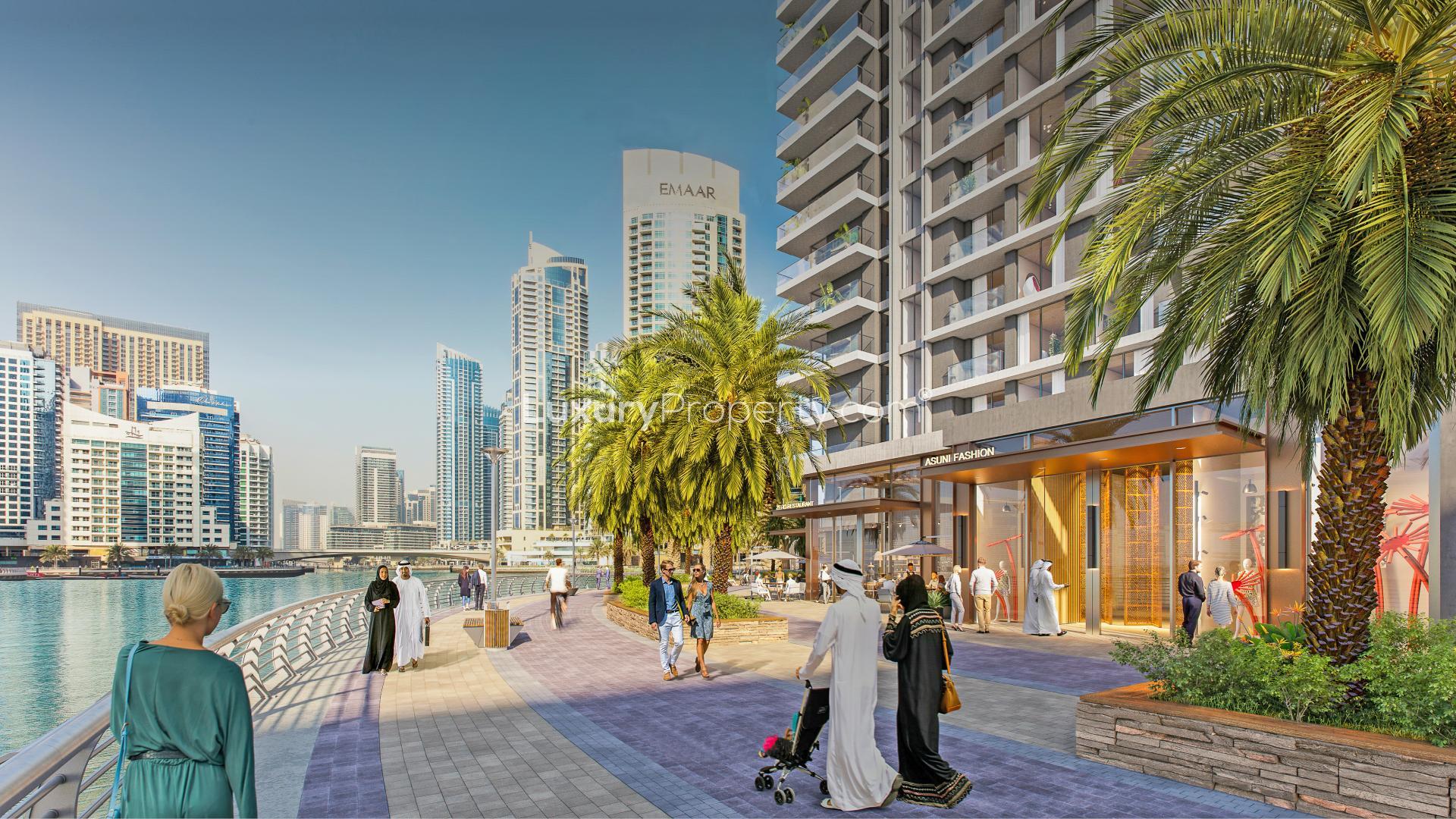 Skyline view of Marina Shores apartment in Dubai Marina, near waterfront and high-rise buildings