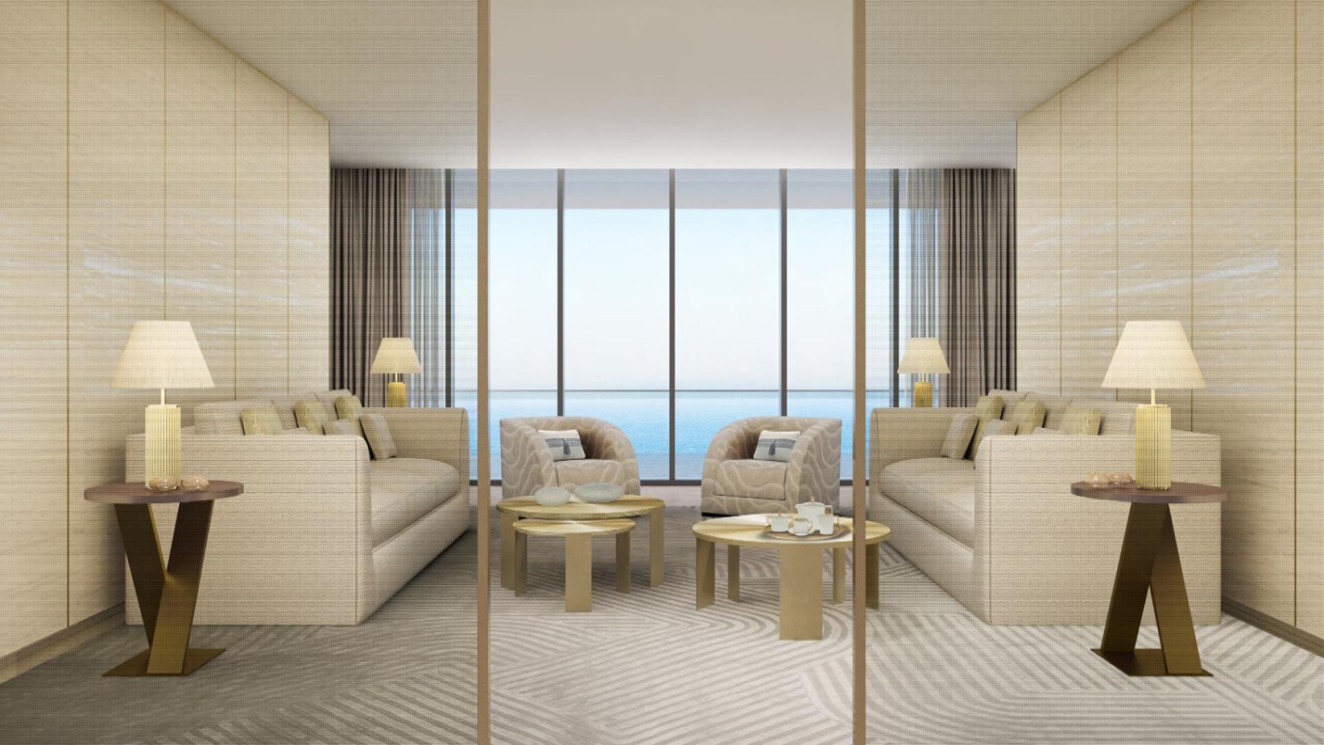N/A,Luxurious living room in Armani Beach Residences, Palm Jumeirah apartment with ocean view