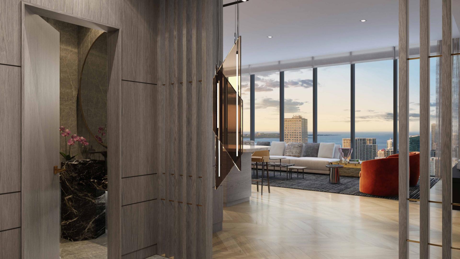 Miami skyline view near Waldorf Astoria, featuring luxury apartments for sale