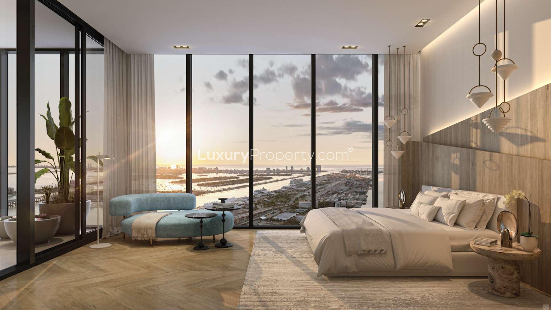 Luxurious living room with panoramic ocean views in Miami apartment, Waldorf Astoria Sky Collection