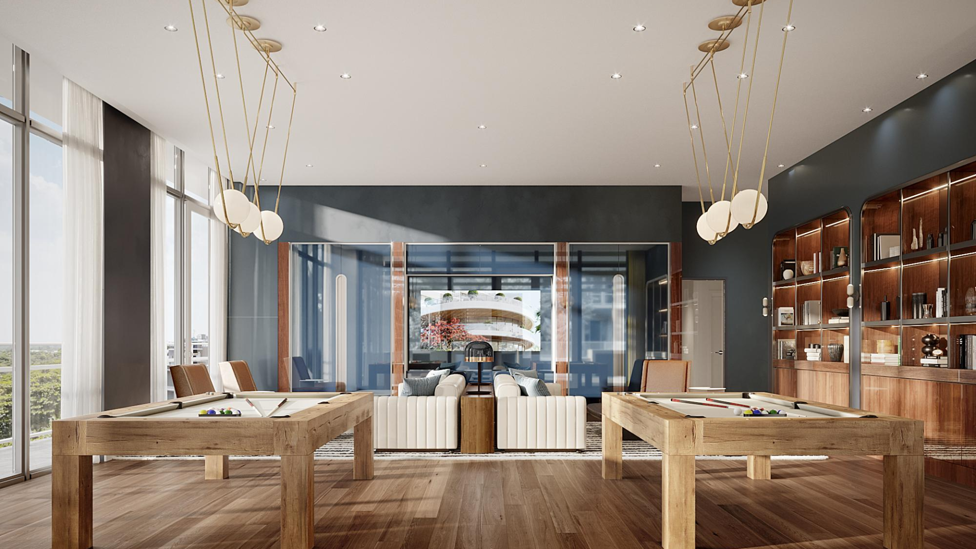 Luxurious Miami apartment living room with large windows and modern furnishings