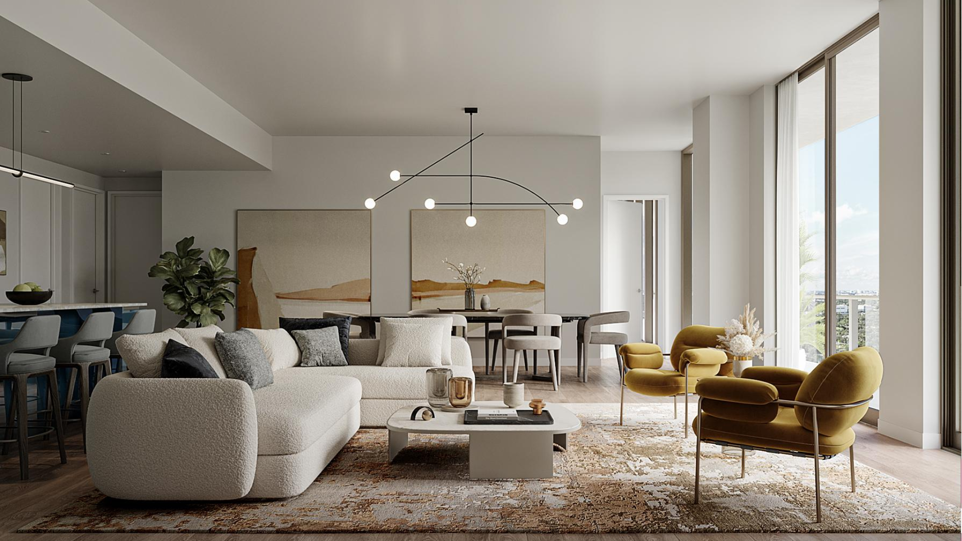 Luxurious Miami apartment living room with modern decor, large windows, and stylish furniture