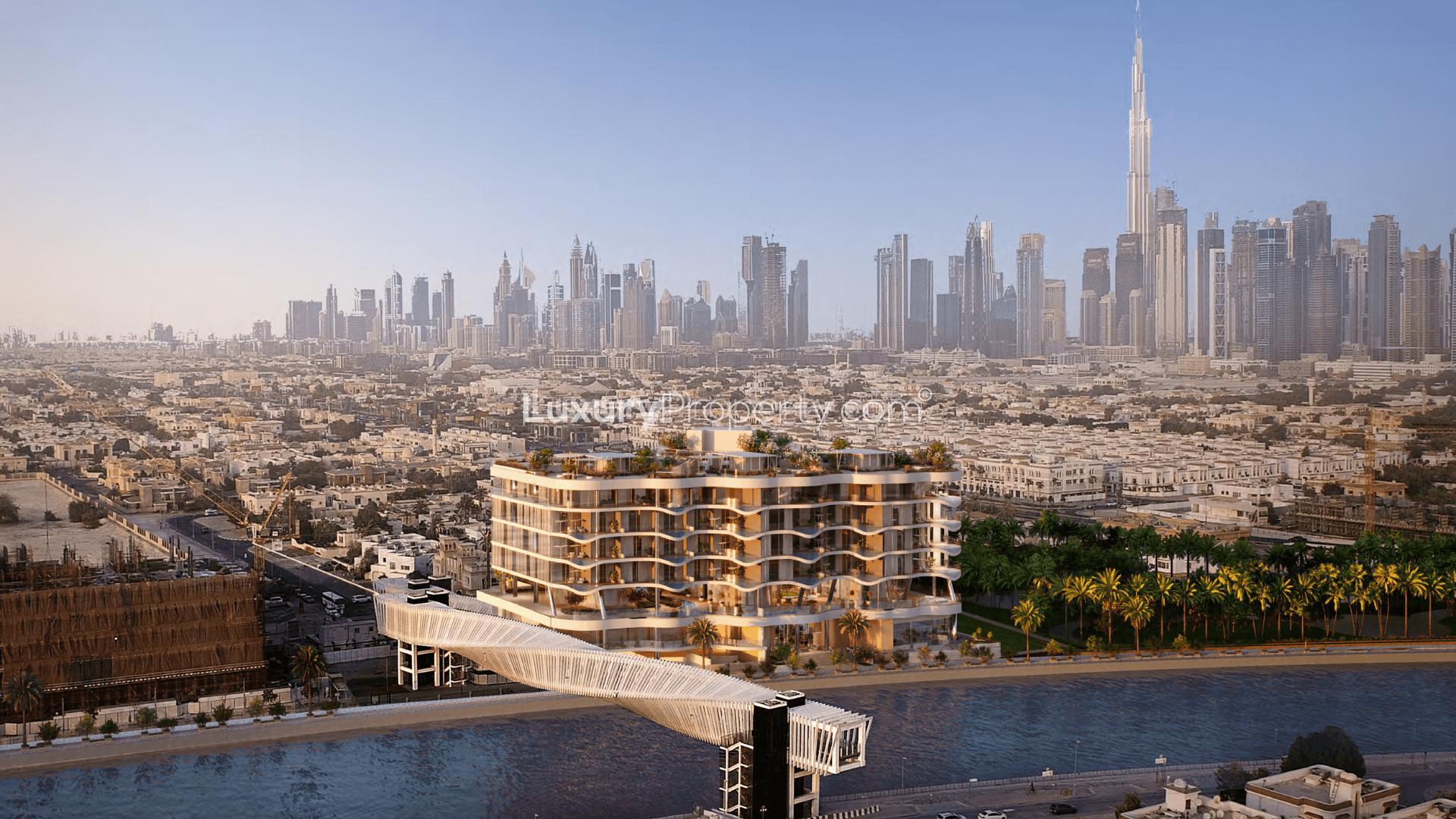 Breathtaking views of Mr. C Residences, Jumeirah 2, Dubai skyline backdrop, luxury apartment
