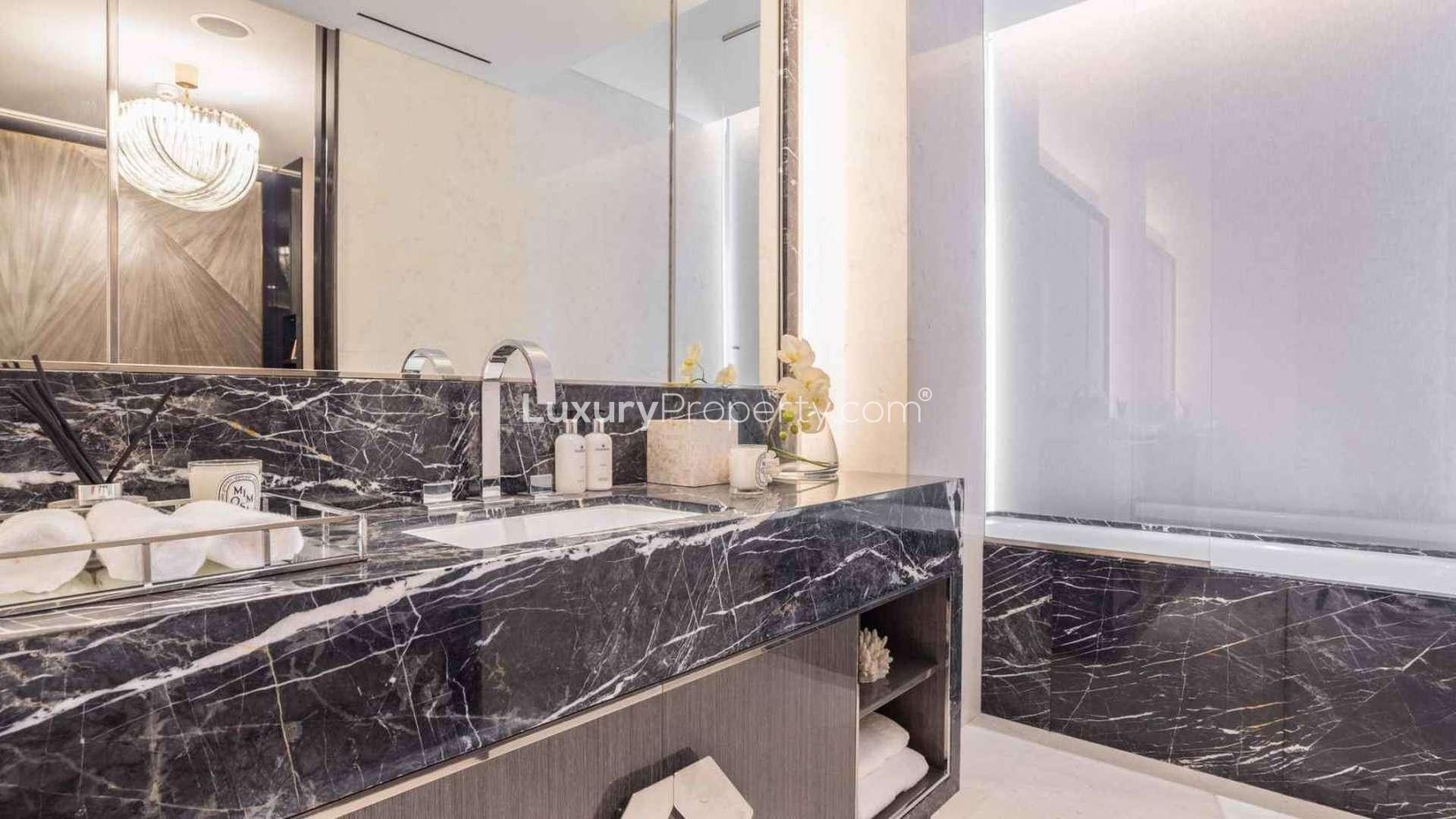 Luxurious bathroom in beachfront duplex apartment, One Palm, Palm Jumeirah, sleek design
