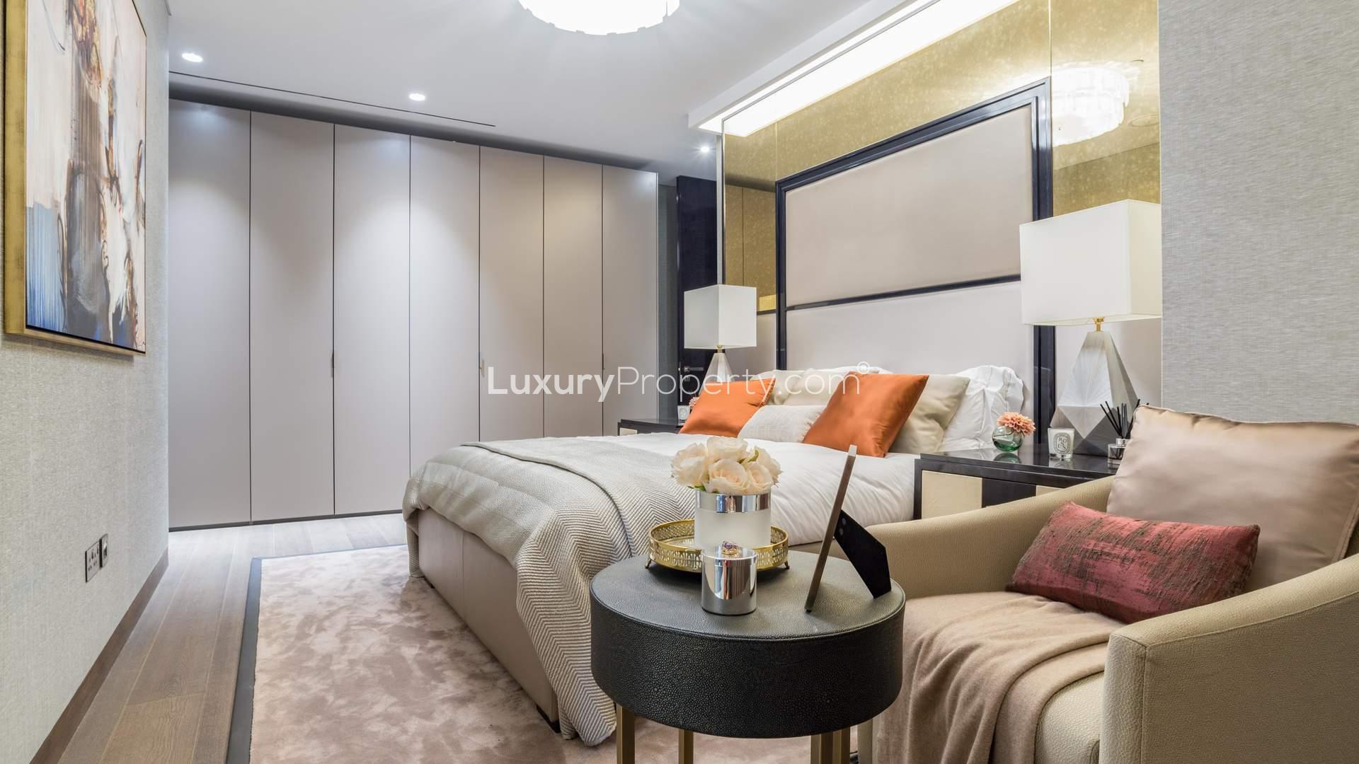Luxurious living room in Palm Jumeirah apartment with modern decor and elegant lighting