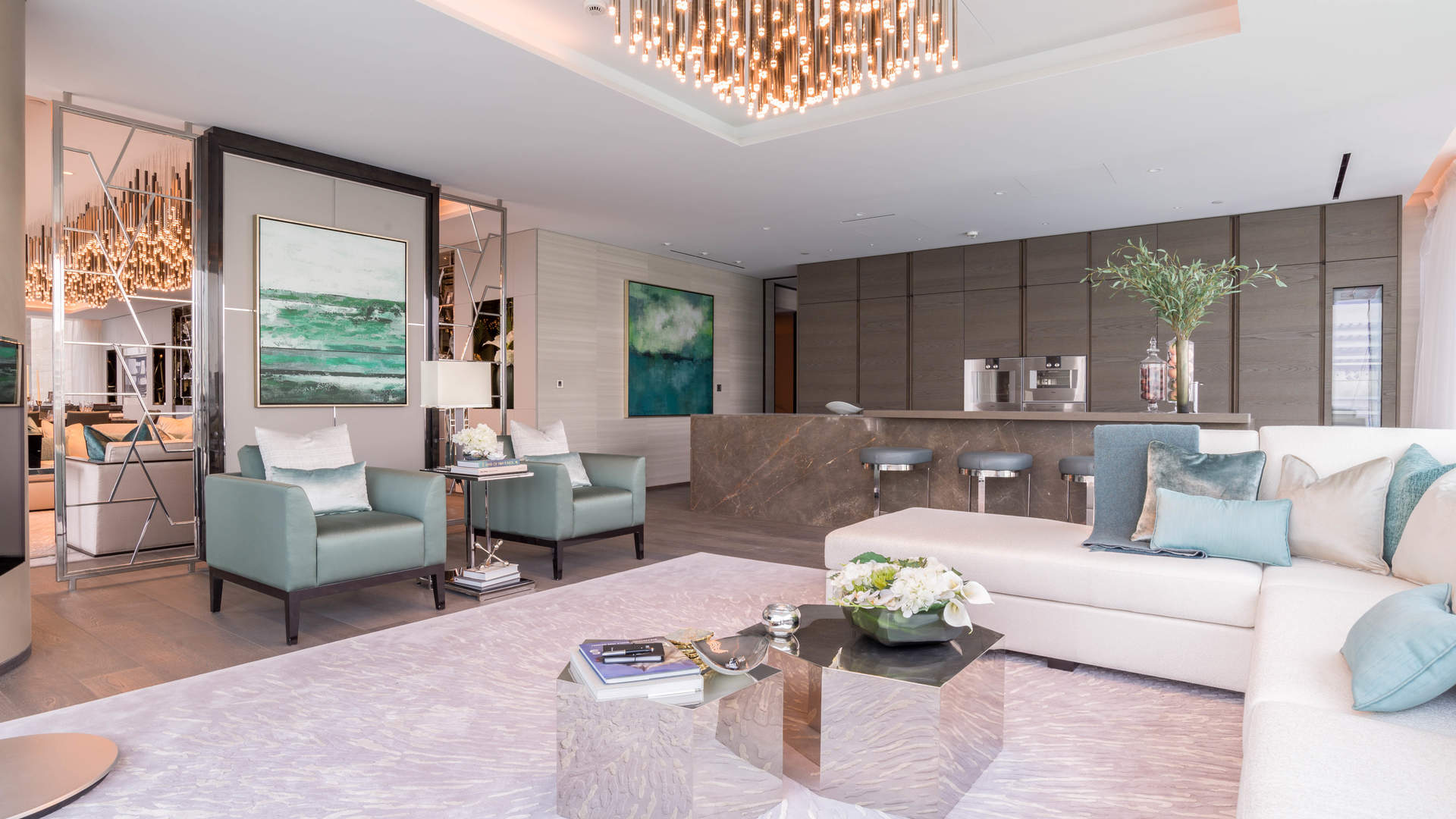 Luxurious living room in Palm Jumeirah apartment with modern decor and elegant chandelier