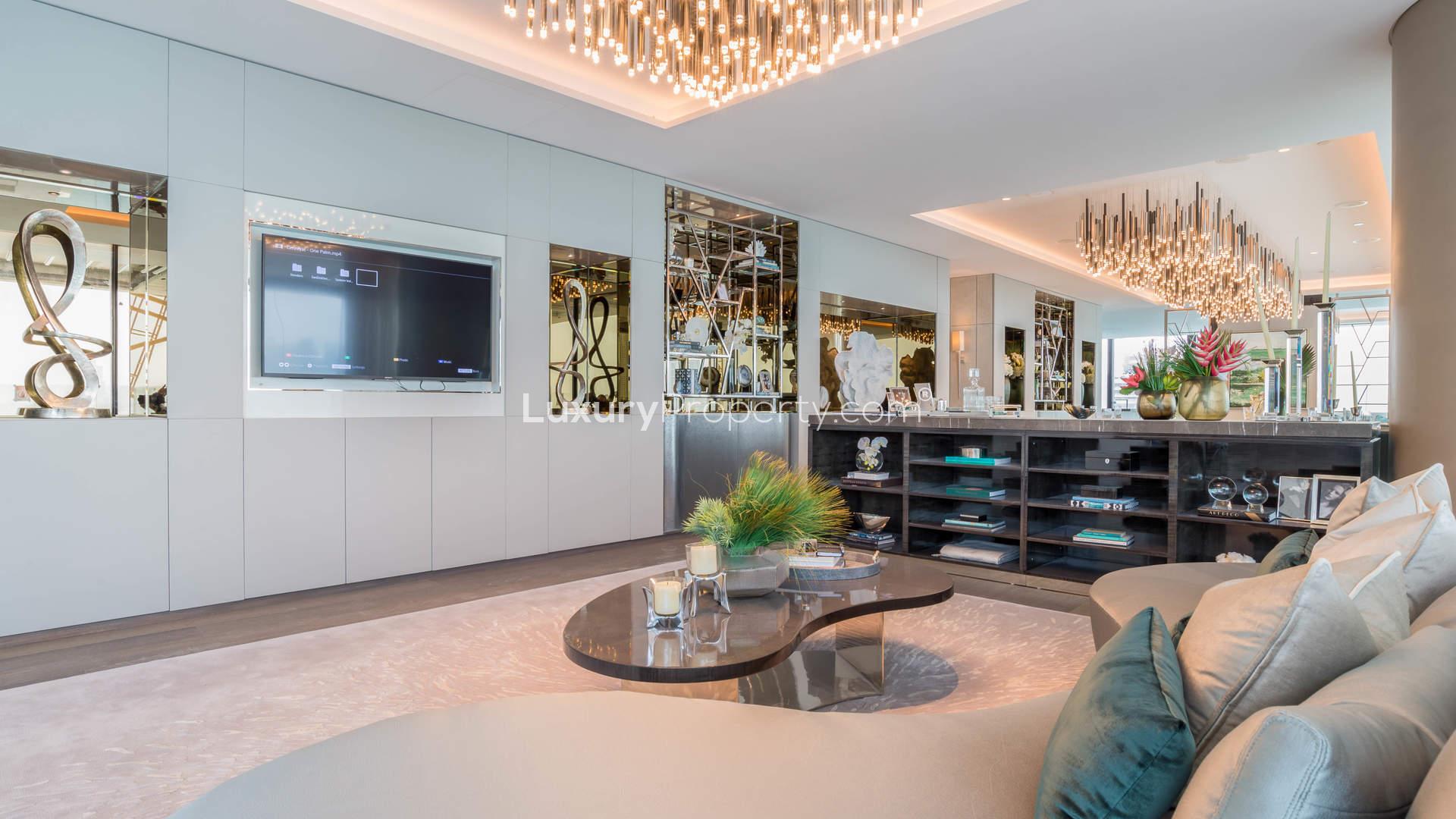 Luxurious living and dining area with stunning sea view in One Palm Jumeirah apartment