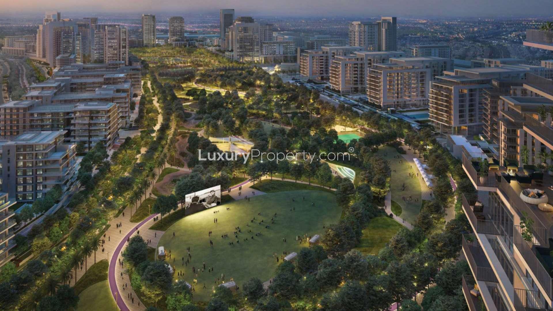 Aerial view of Dubai Hills Estate, showcasing luxurious apartments and lush green parks