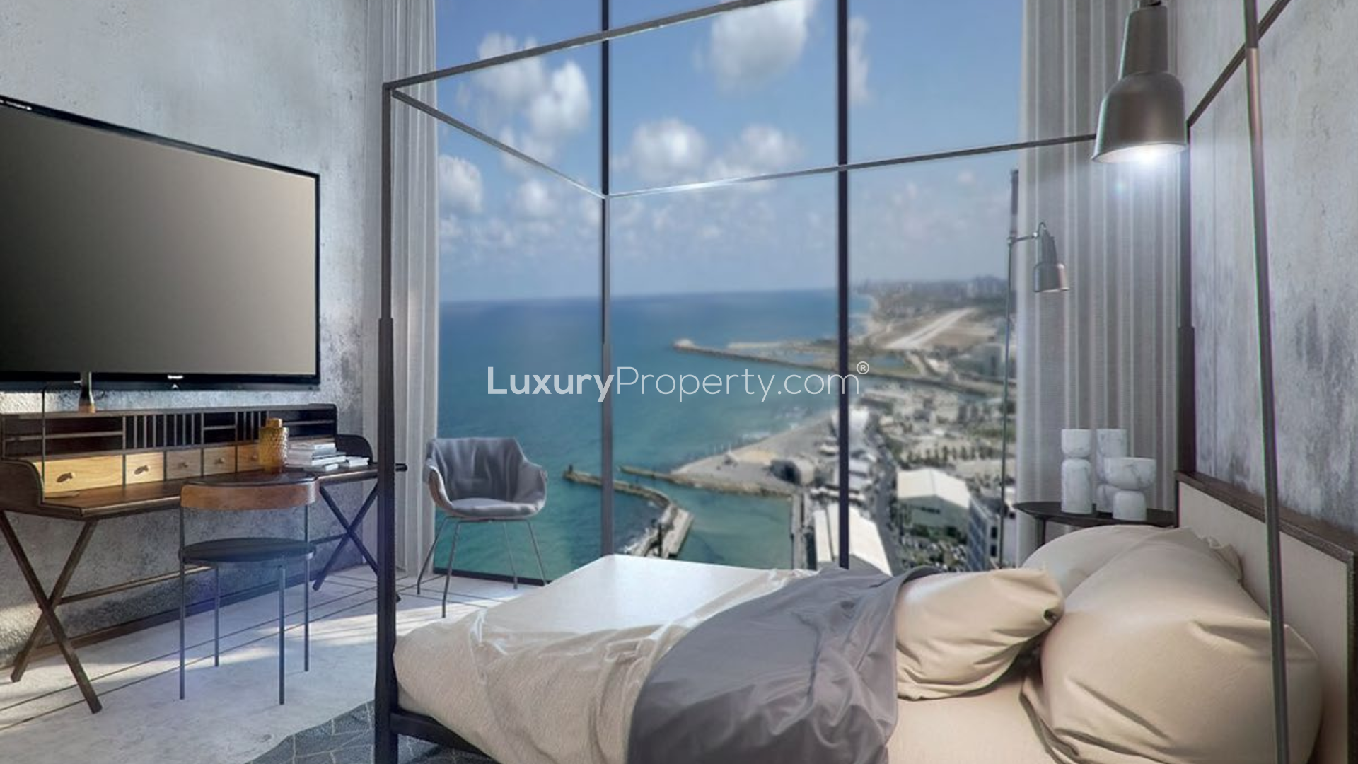 Luxurious open-plan living room with sea views in Port Tel Aviv apartment for sale