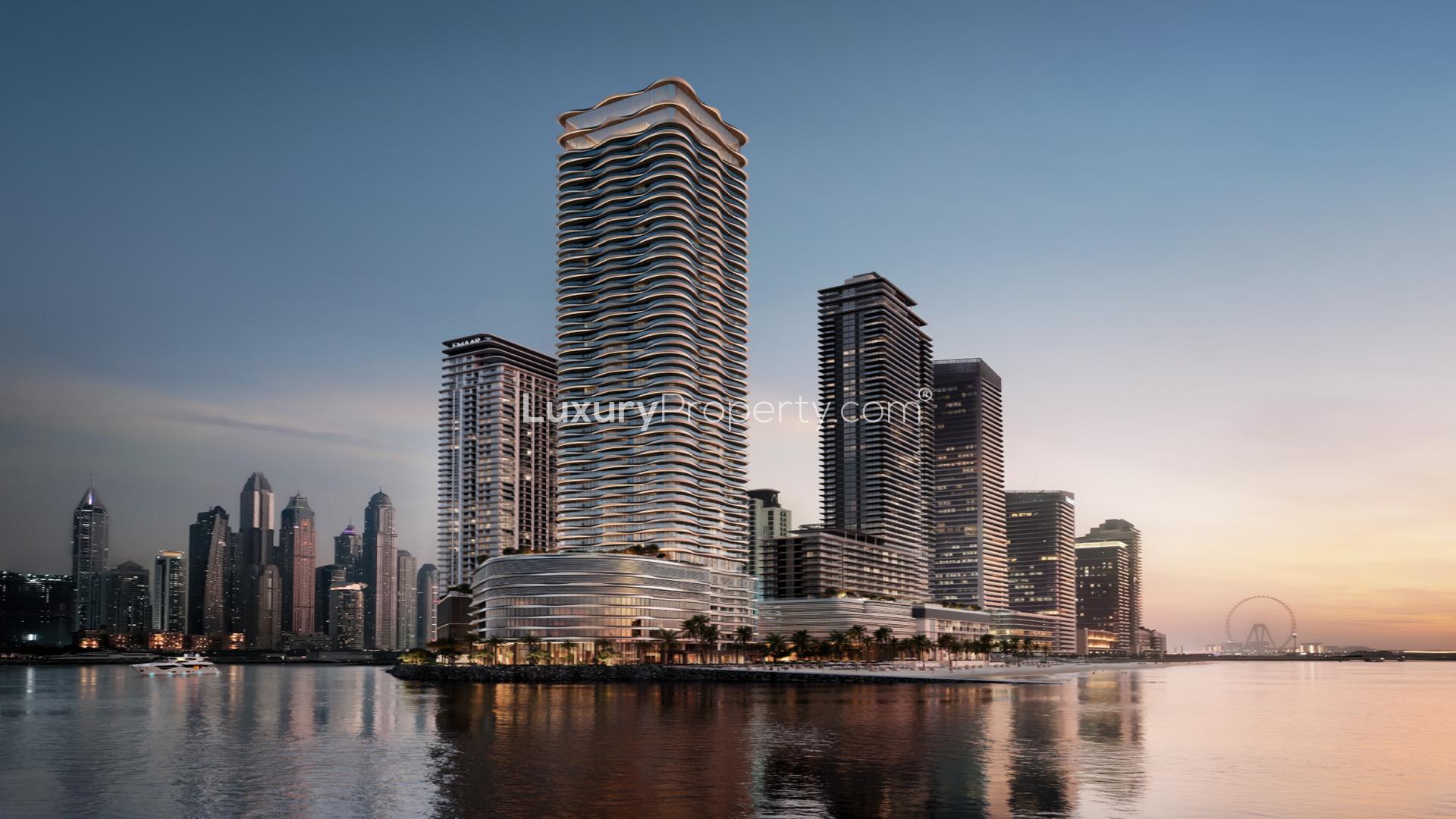 High-rise apartment in Emaar Beachfront, Dubai Harbour with stunning ocean views at sunset