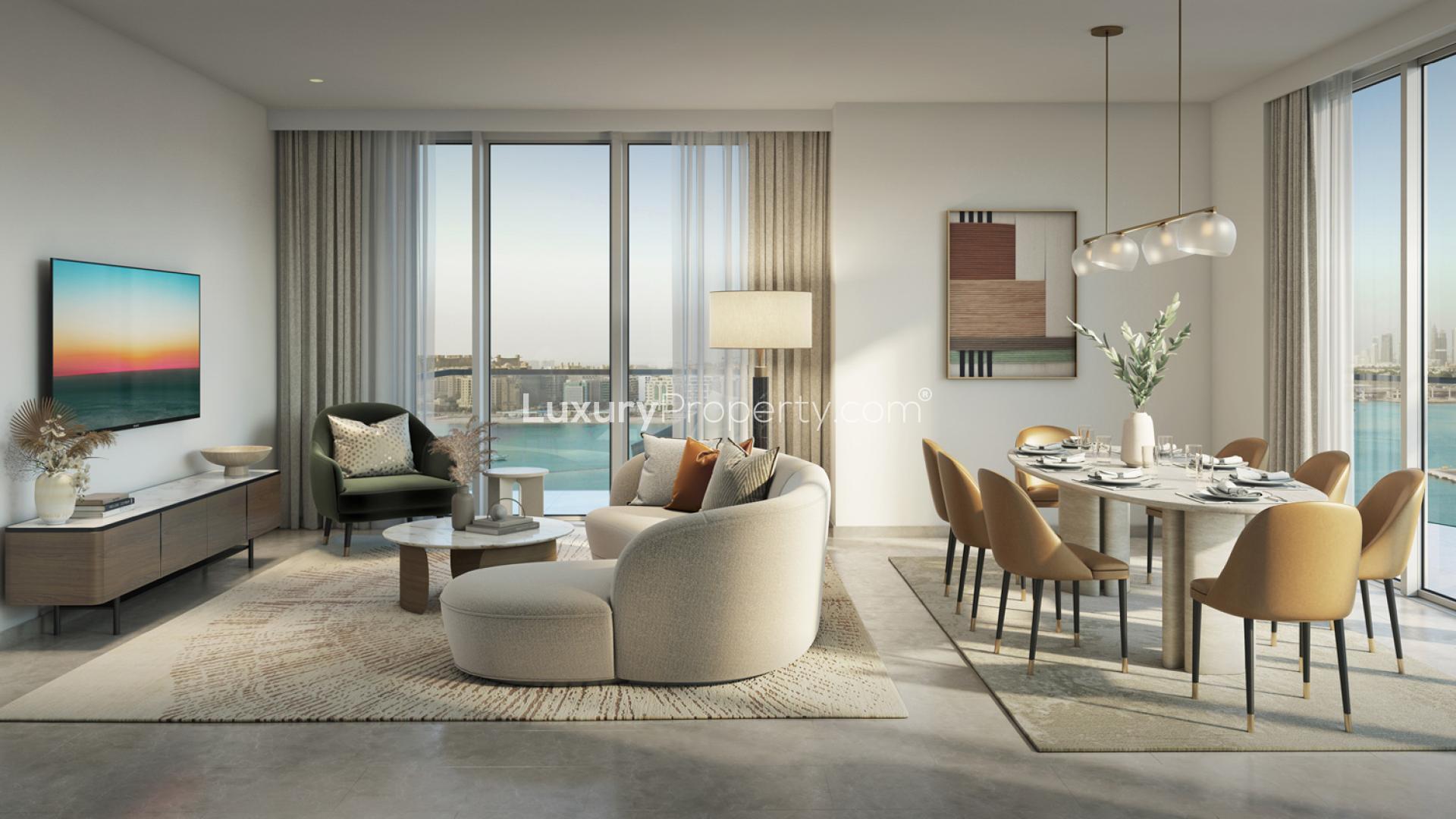 Stylish living room and dining area with sea view at Emaar Beachfront, Dubai Harbour