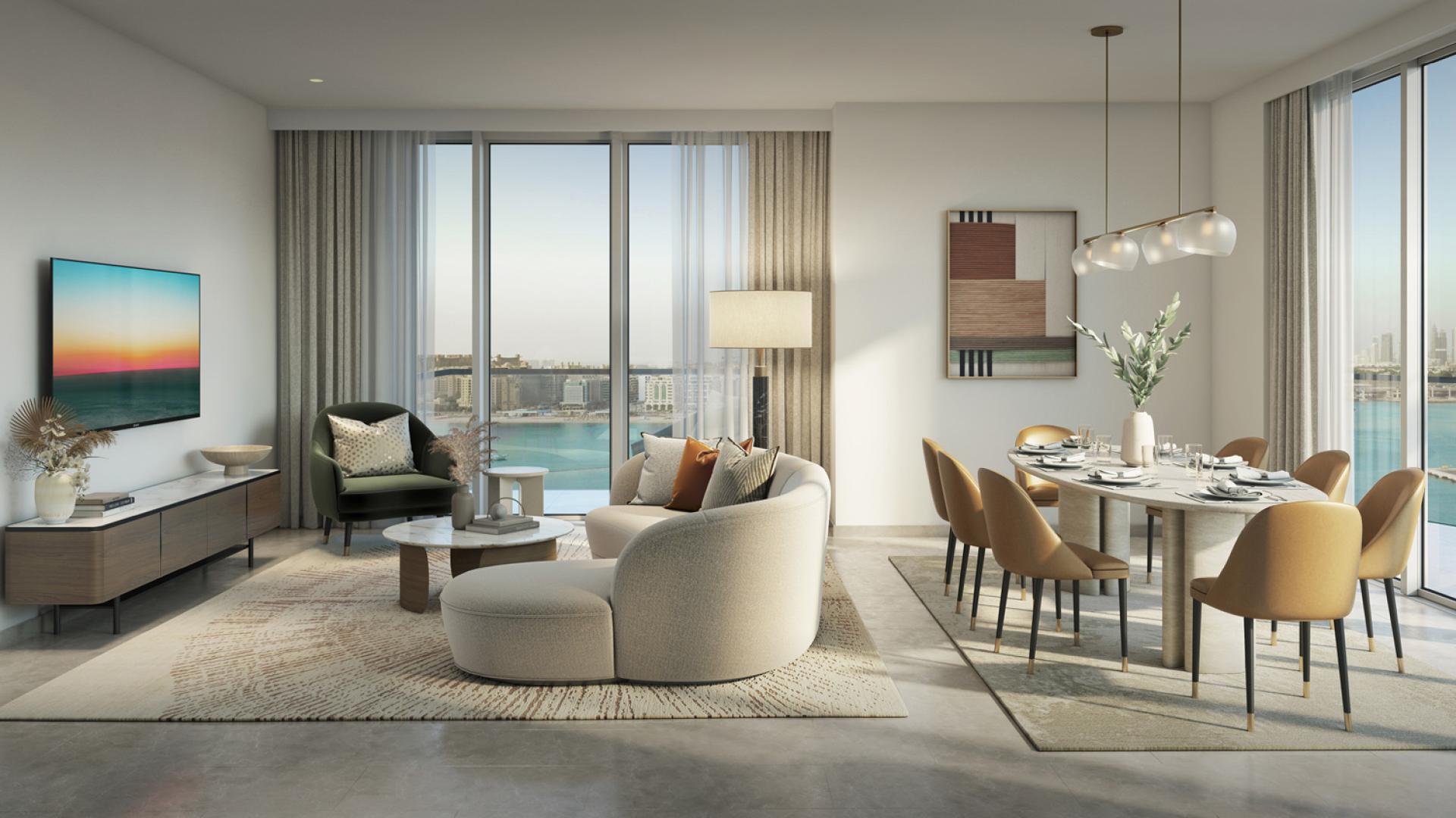 Stylish living room and dining area with sea view at Emaar Beachfront, Dubai Harbour