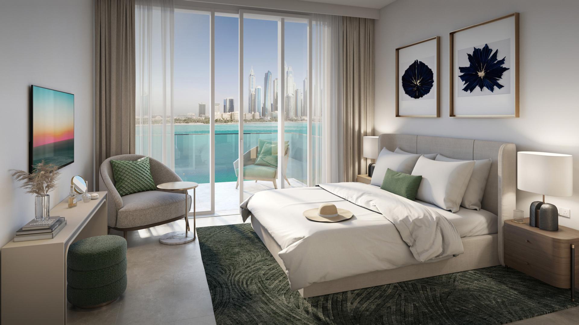 Stylish Emaar Beachfront apartment bedroom with sea view in Dubai Harbour, for sale