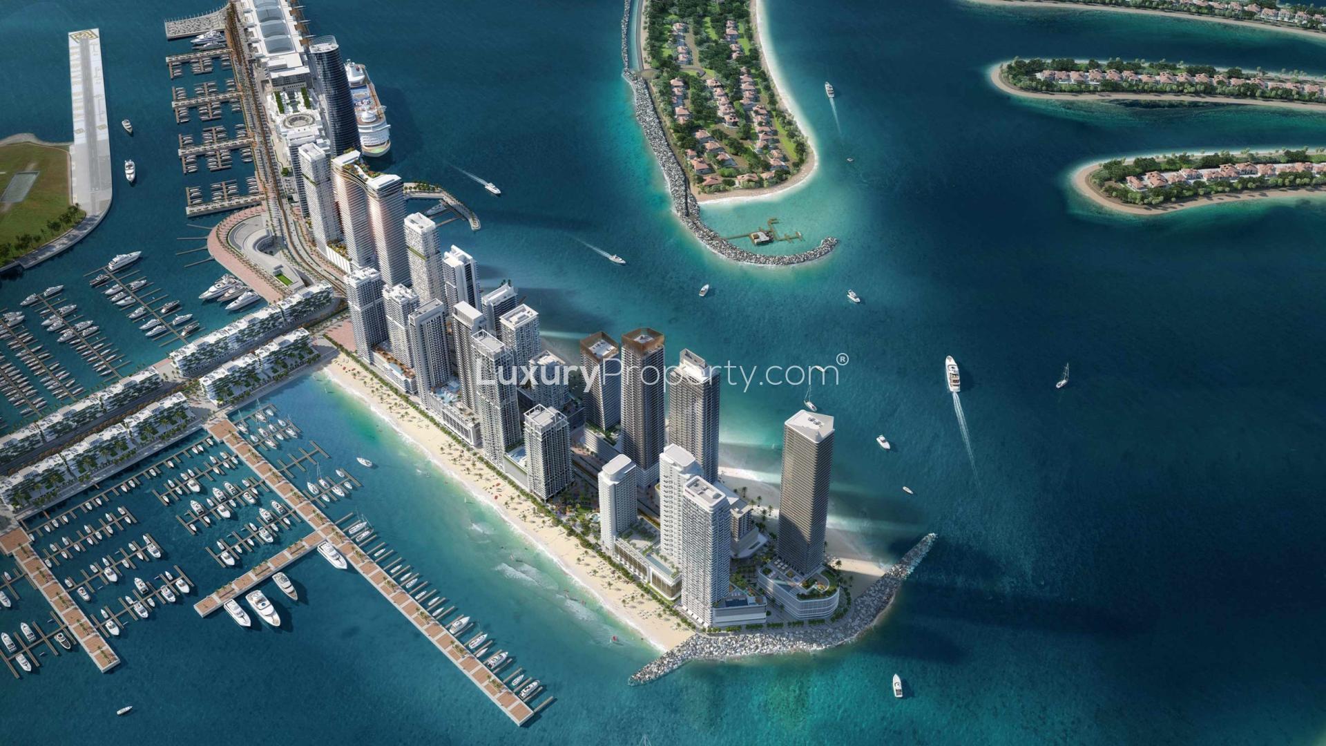 "Stylish Beachgate by Address Dubai apartment with stunning skyline view, Emaar Beachfront, Dubai Harbour.",Aerial view of Beachgate by Address Dubai, luxury apartments at Emaar Beachfront, Dubai Harbour