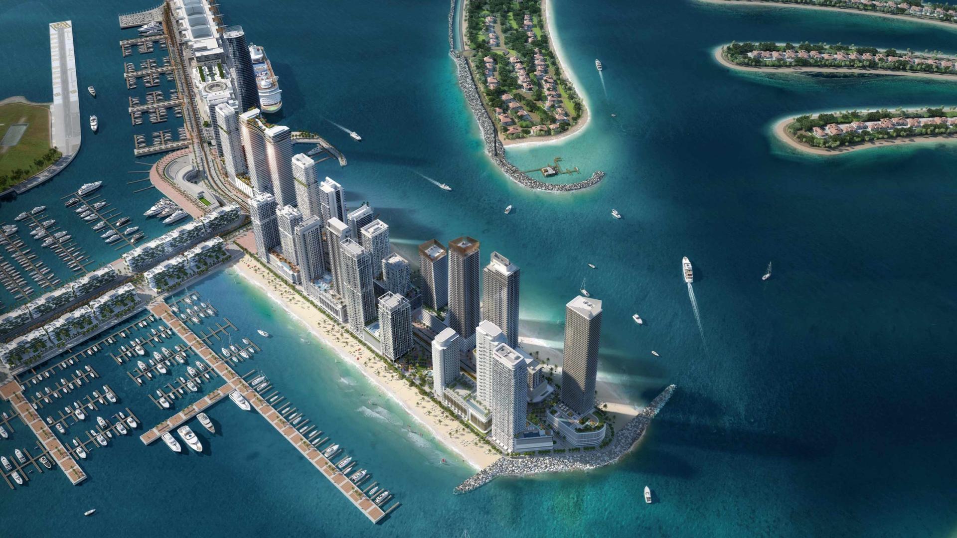 "Stylish Beachgate by Address Dubai apartment with stunning skyline view, Emaar Beachfront, Dubai Harbour.",Aerial view of Beachgate by Address Dubai, luxury apartments at Emaar Beachfront, Dubai Harbour