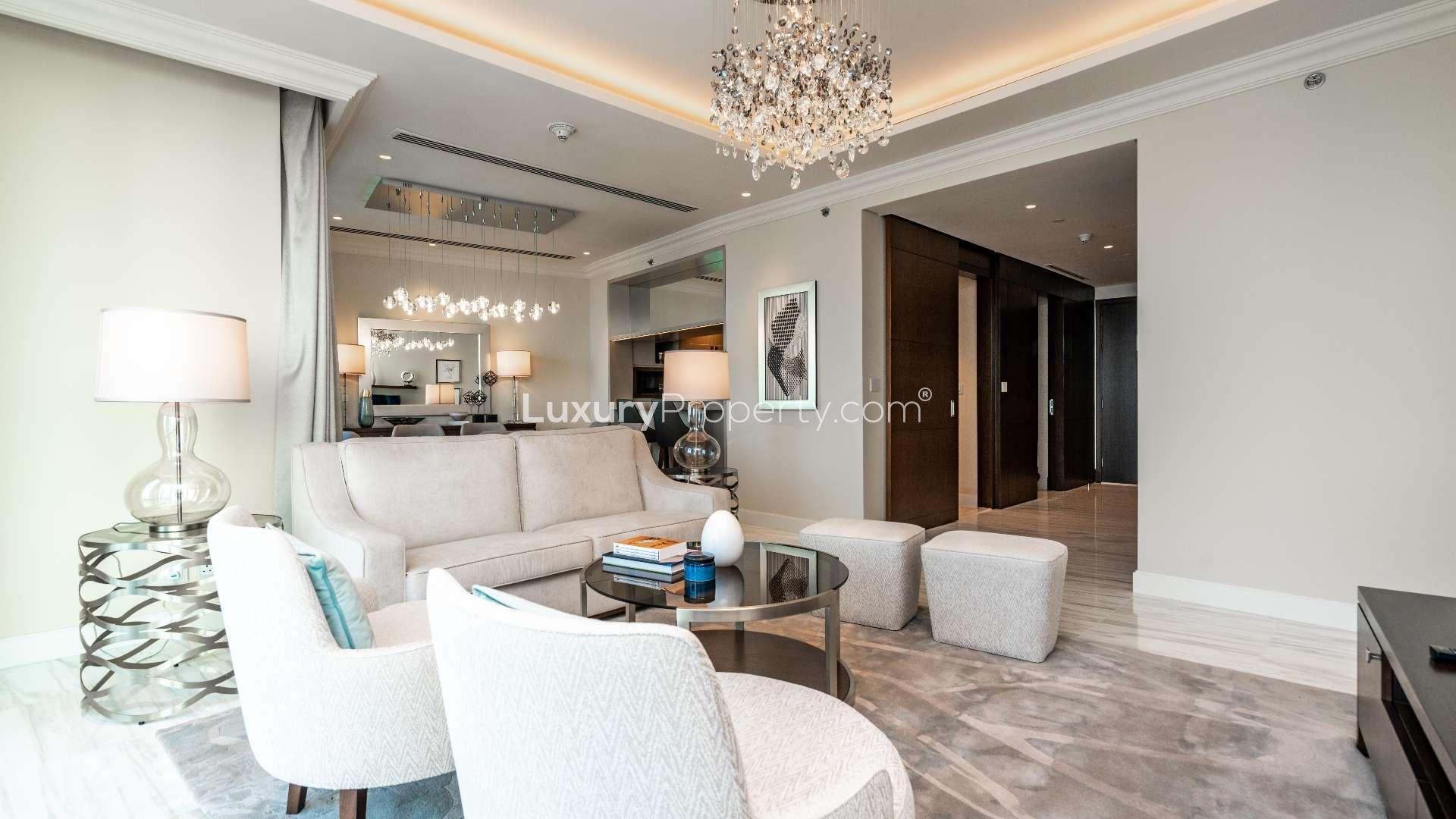 Luxurious Downtown Dubai duplex balcony view of Burj Khalifa, Address Residence Fountain Views