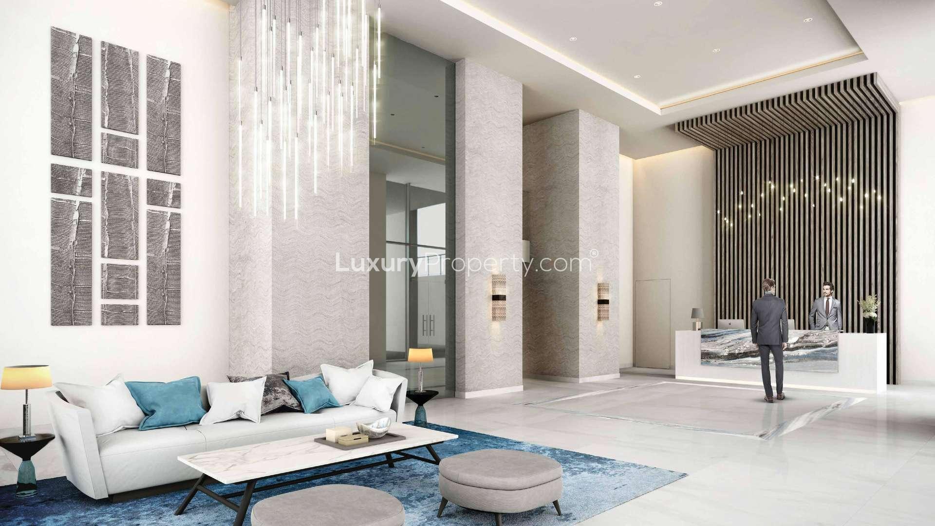 Chic apartment buildings at The Cove, Dubai Creek Harbour, waterfront view at sunset