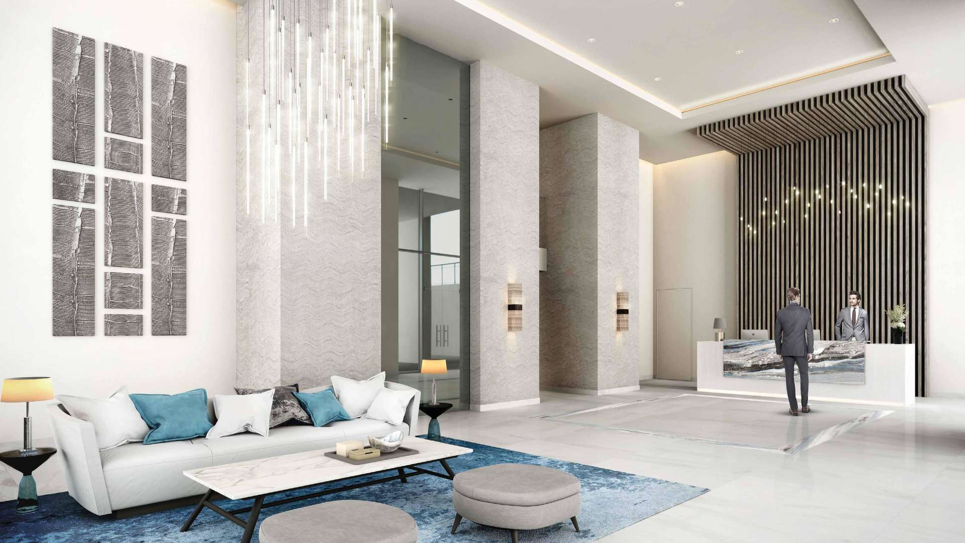 Chic apartment buildings at The Cove, Dubai Creek Harbour, waterfront view at sunset